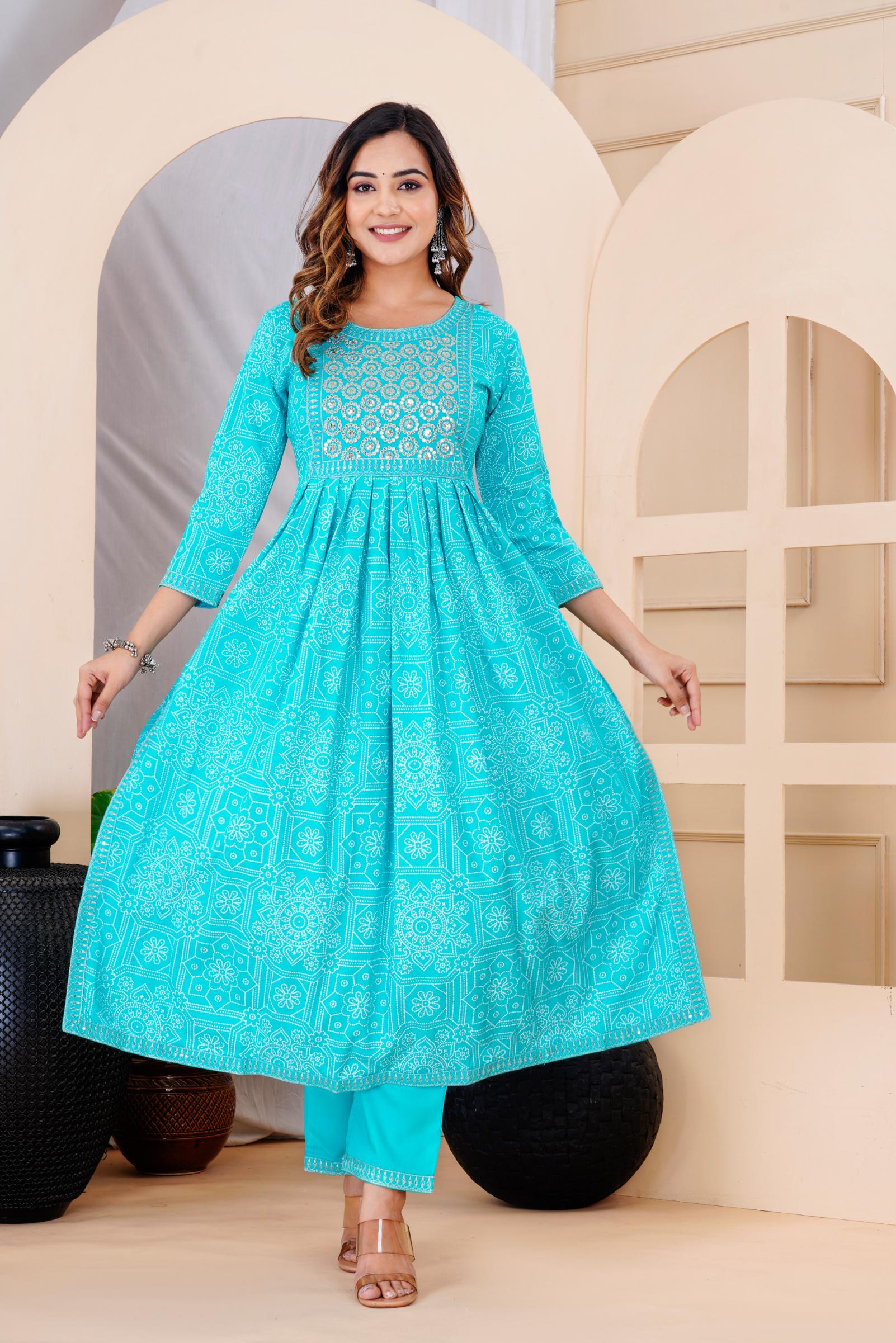 Women  Turquoise Blue Rayon Printed  & Embroidered Work Straight Kurta Bottom & Dupatta Set