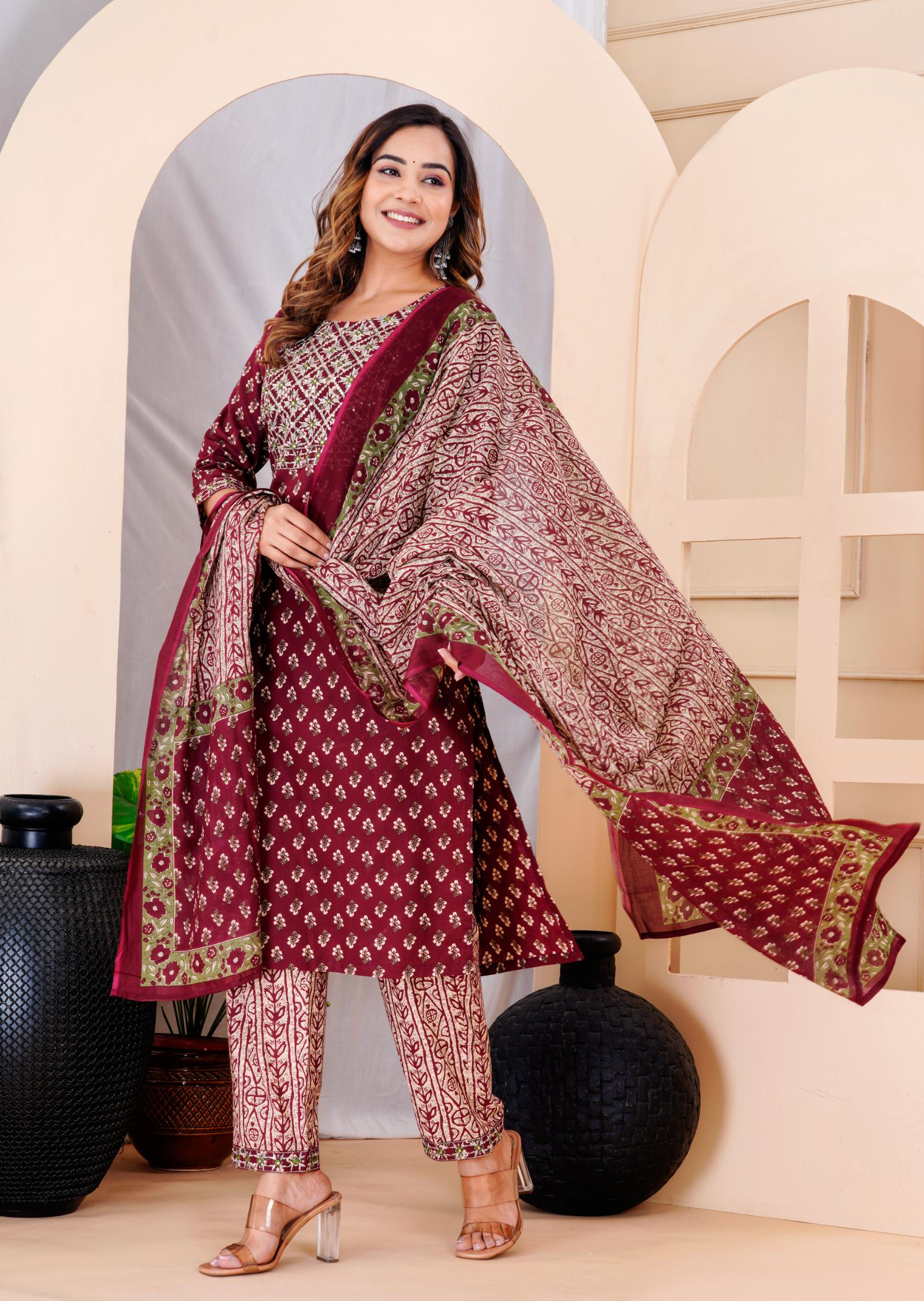 Women Mahroon Cotton Printed & Embroidered Work Straight Kurta Bottom & Dupatta Set