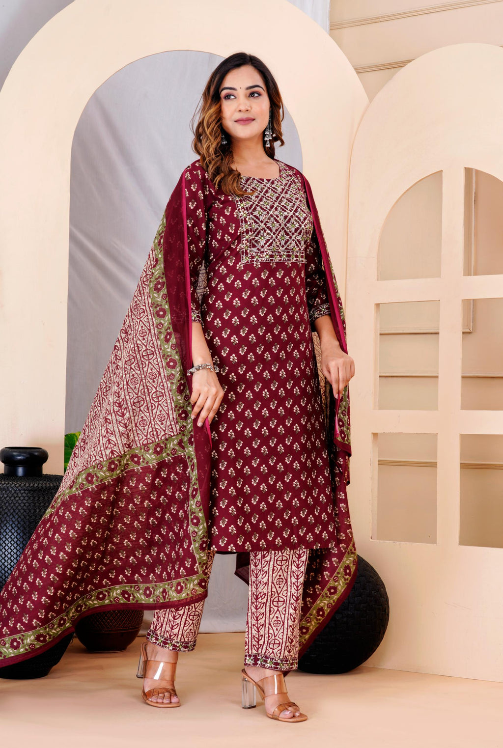 Women Mahroon Cotton Printed & Embroidered Work Straight Kurta Bottom & Dupatta Set