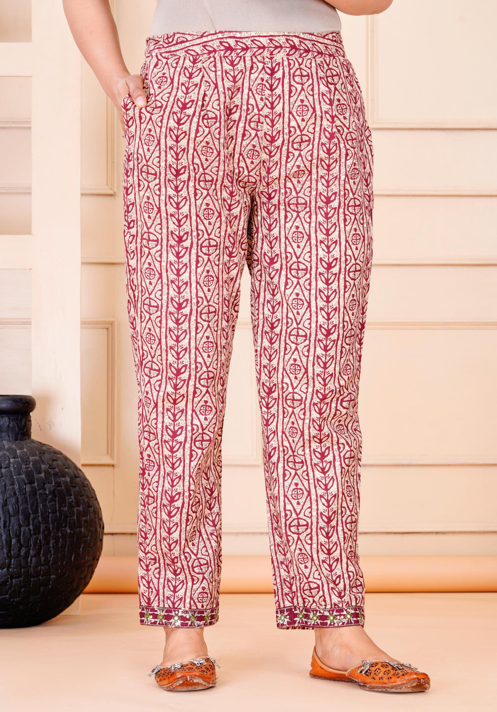 Women Mahroon Cotton Printed & Embroidered Work Straight Kurta Bottom & Dupatta Set