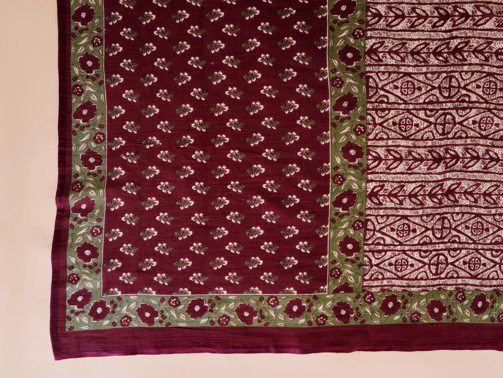 Women Mahroon Cotton Printed & Embroidered Work Straight Kurta Bottom & Dupatta Set