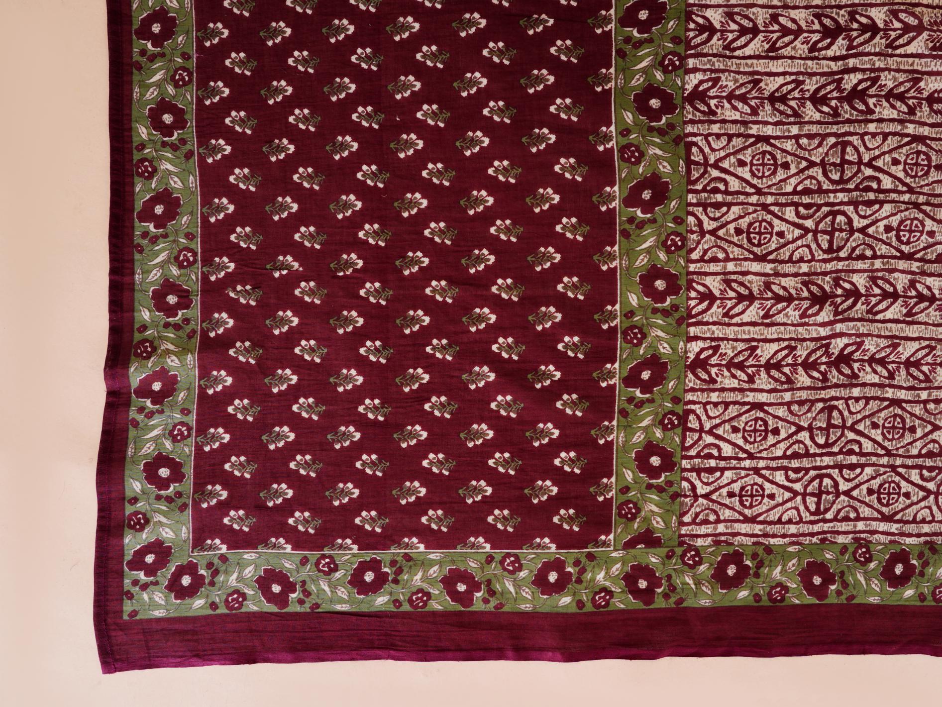 Women Mahroon Cotton Printed & Embroidered Work Straight Kurta Bottom & Dupatta Set