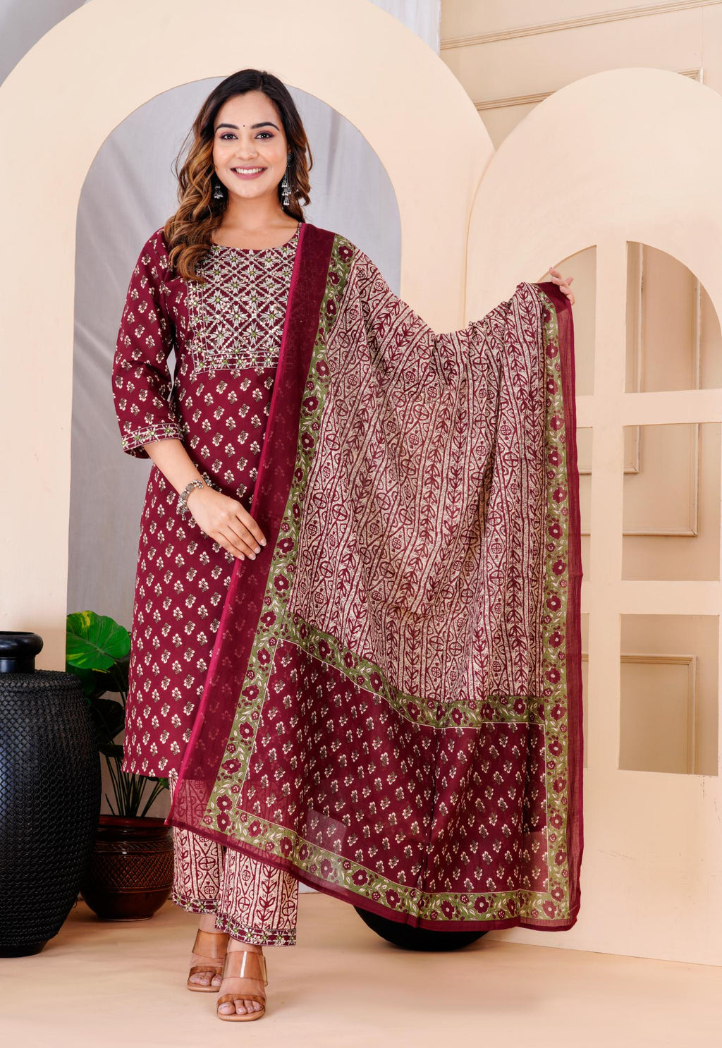 Women Mahroon Cotton Printed & Embroidered Work Straight Kurta Bottom & Dupatta Set