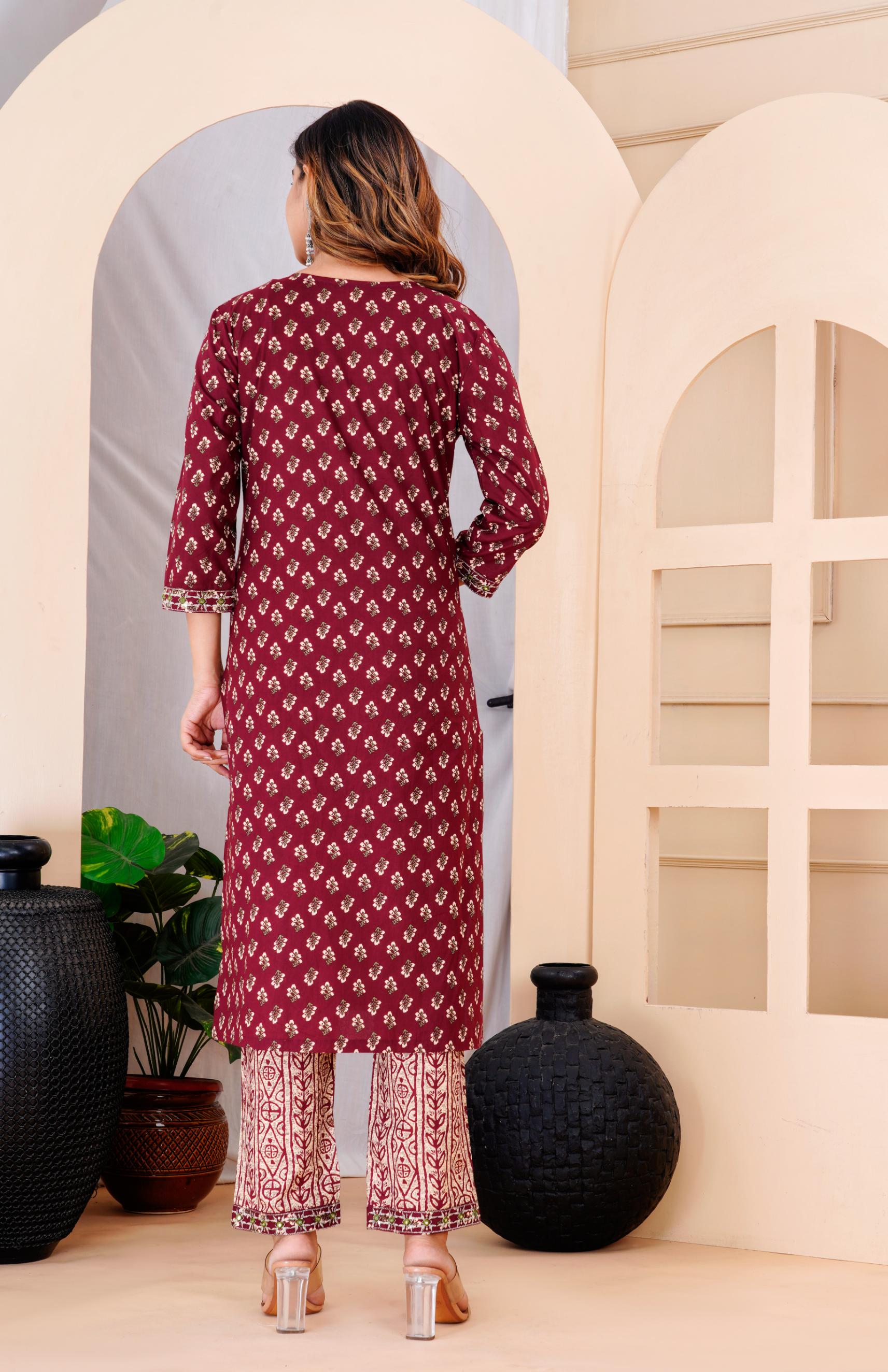 Women Mahroon Cotton Printed & Embroidered Work Straight Kurta Bottom & Dupatta Set