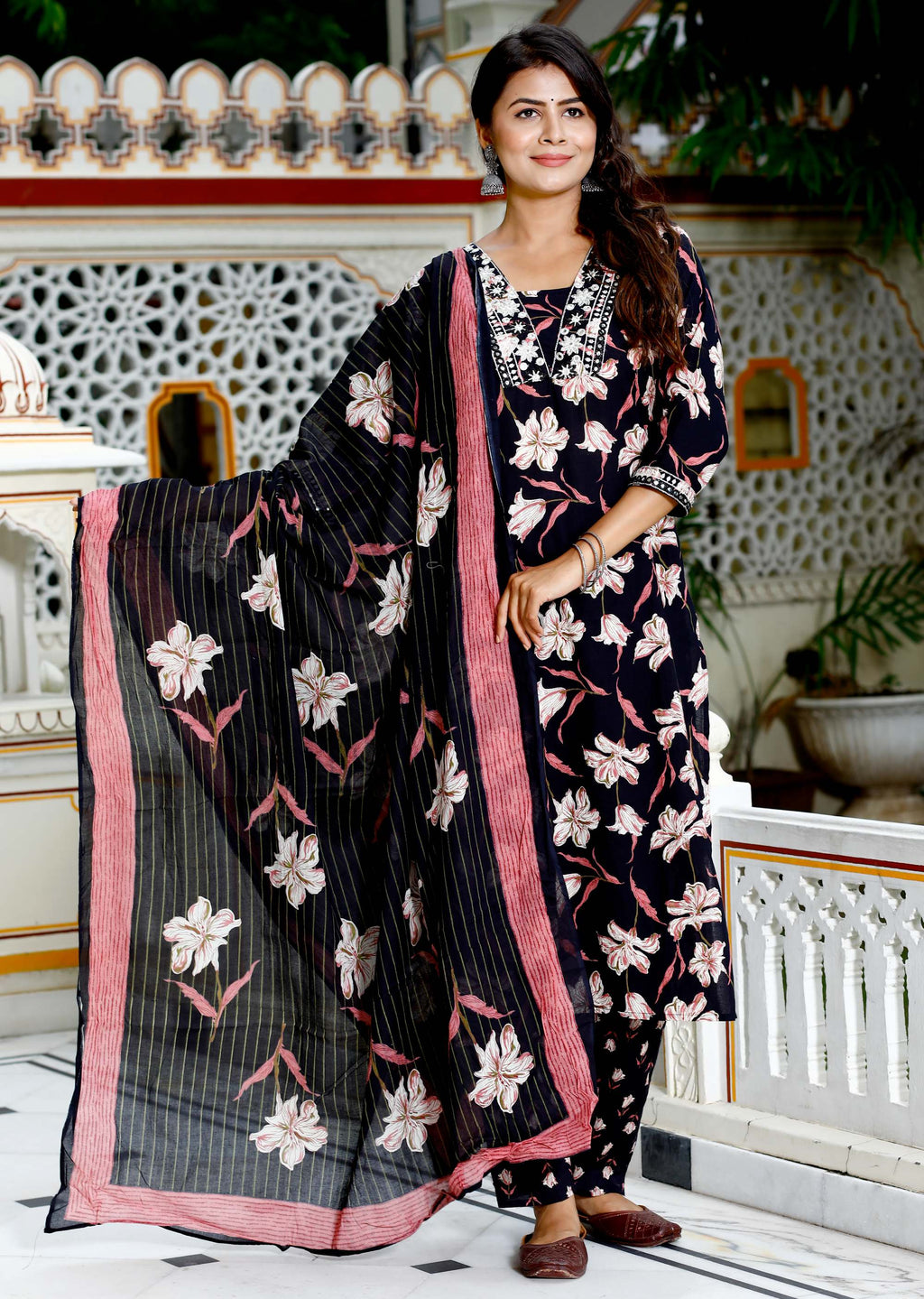 Women Black Cotton Printed & Embroidered Work Straight Kurta Bottom & Dupatta Set