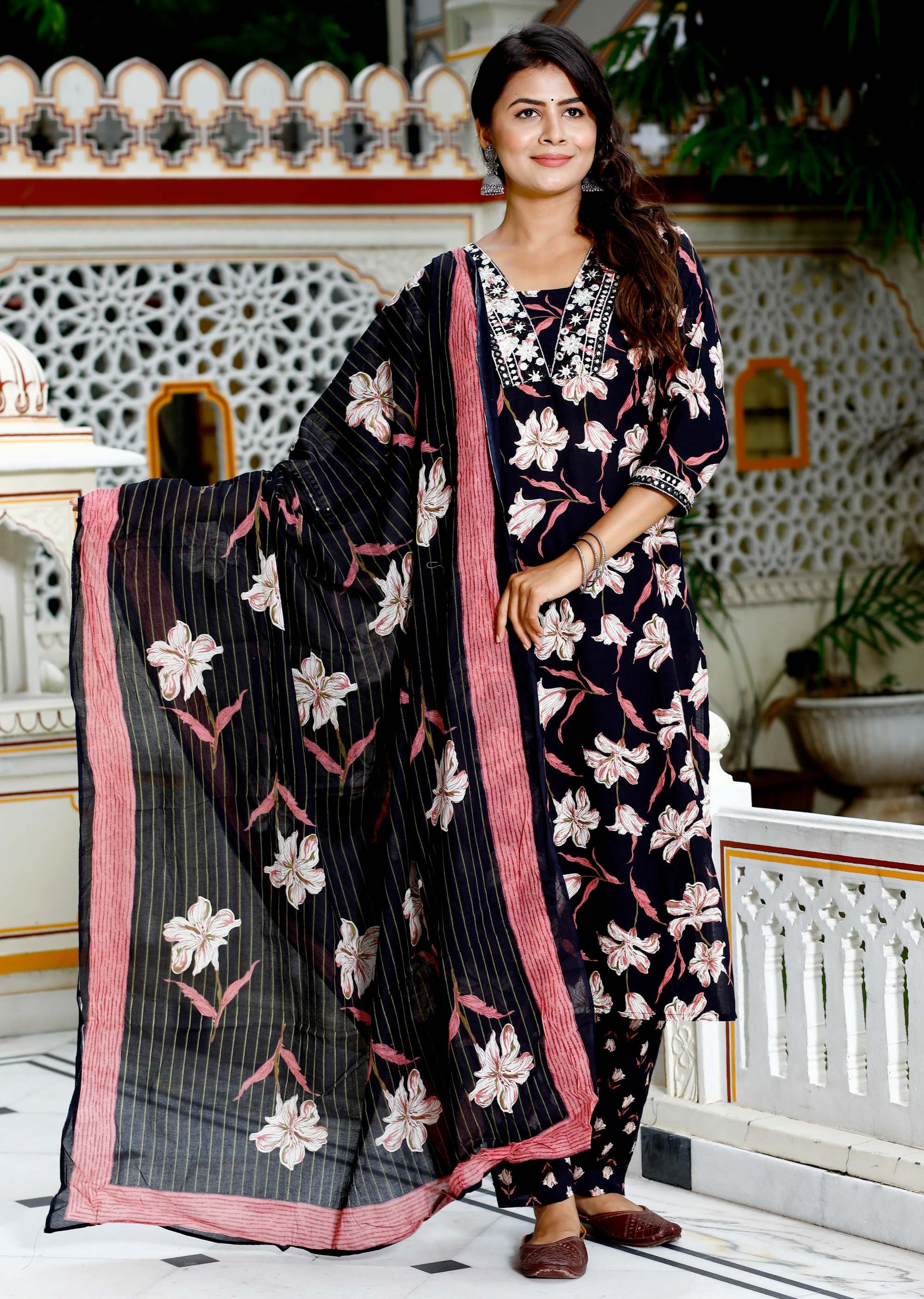 Women Black Cotton Printed & Embroidered Work Straight Kurta Bottom & Dupatta Set