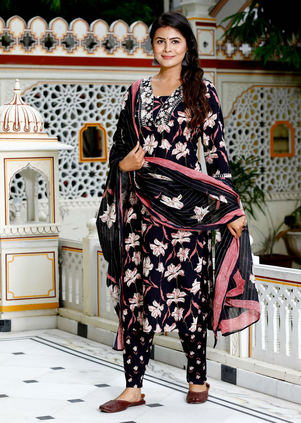 Women Black Cotton Printed & Embroidered Work Straight Kurta Bottom & Dupatta Set