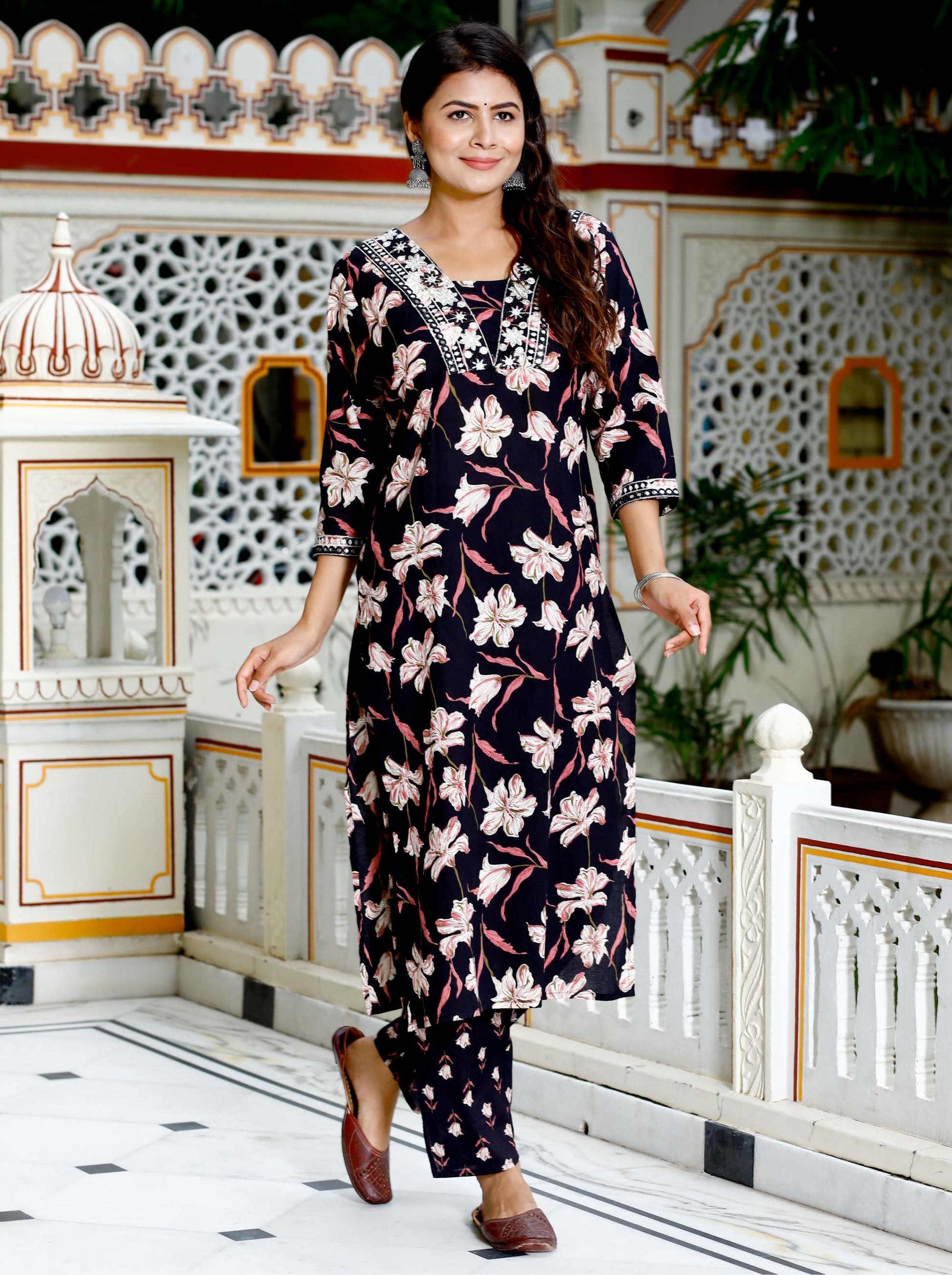 Women Black Cotton Printed & Embroidered Work Straight Kurta Bottom & Dupatta Set