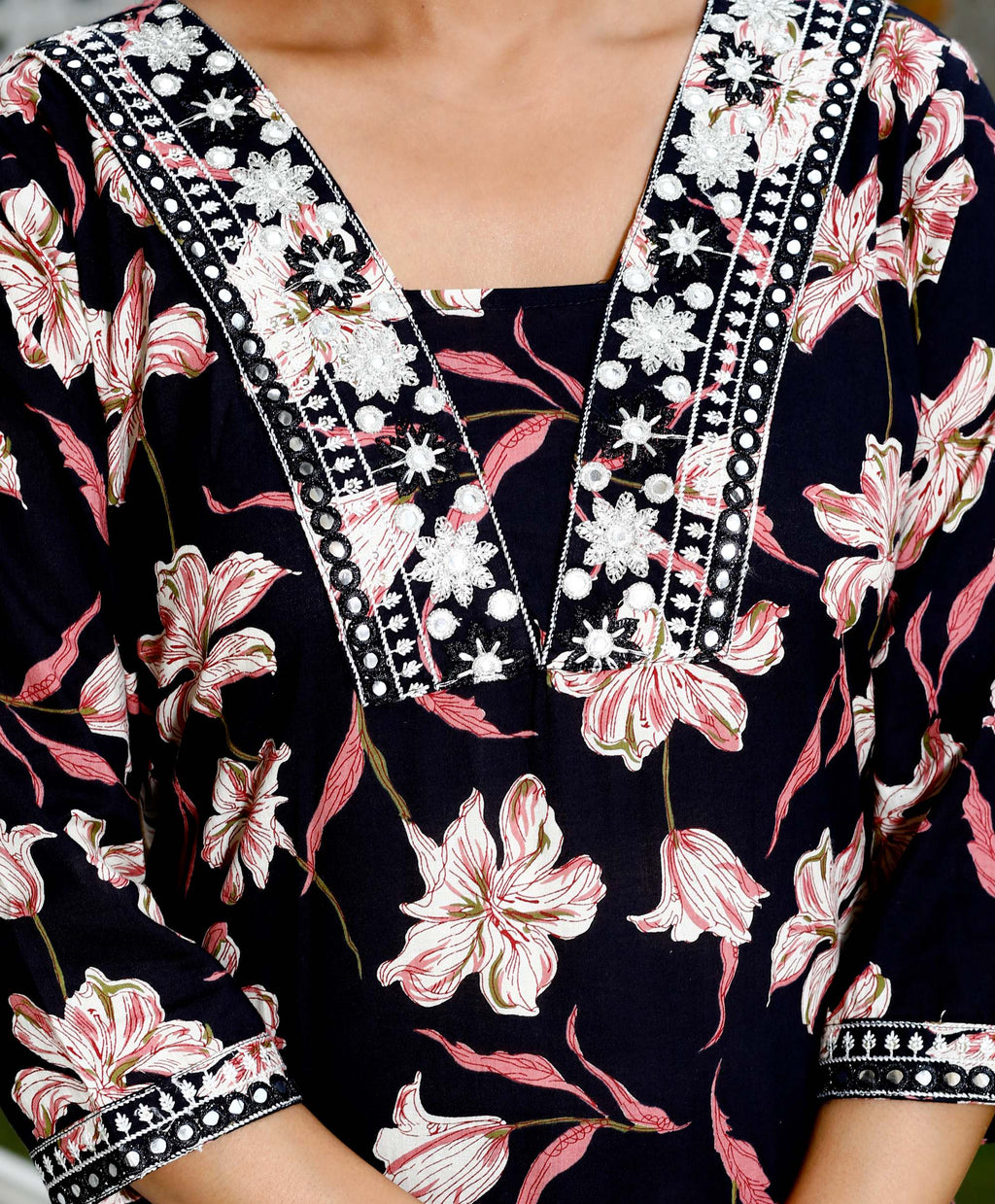 Women Black Cotton Printed & Embroidered Work Straight Kurta Bottom & Dupatta Set