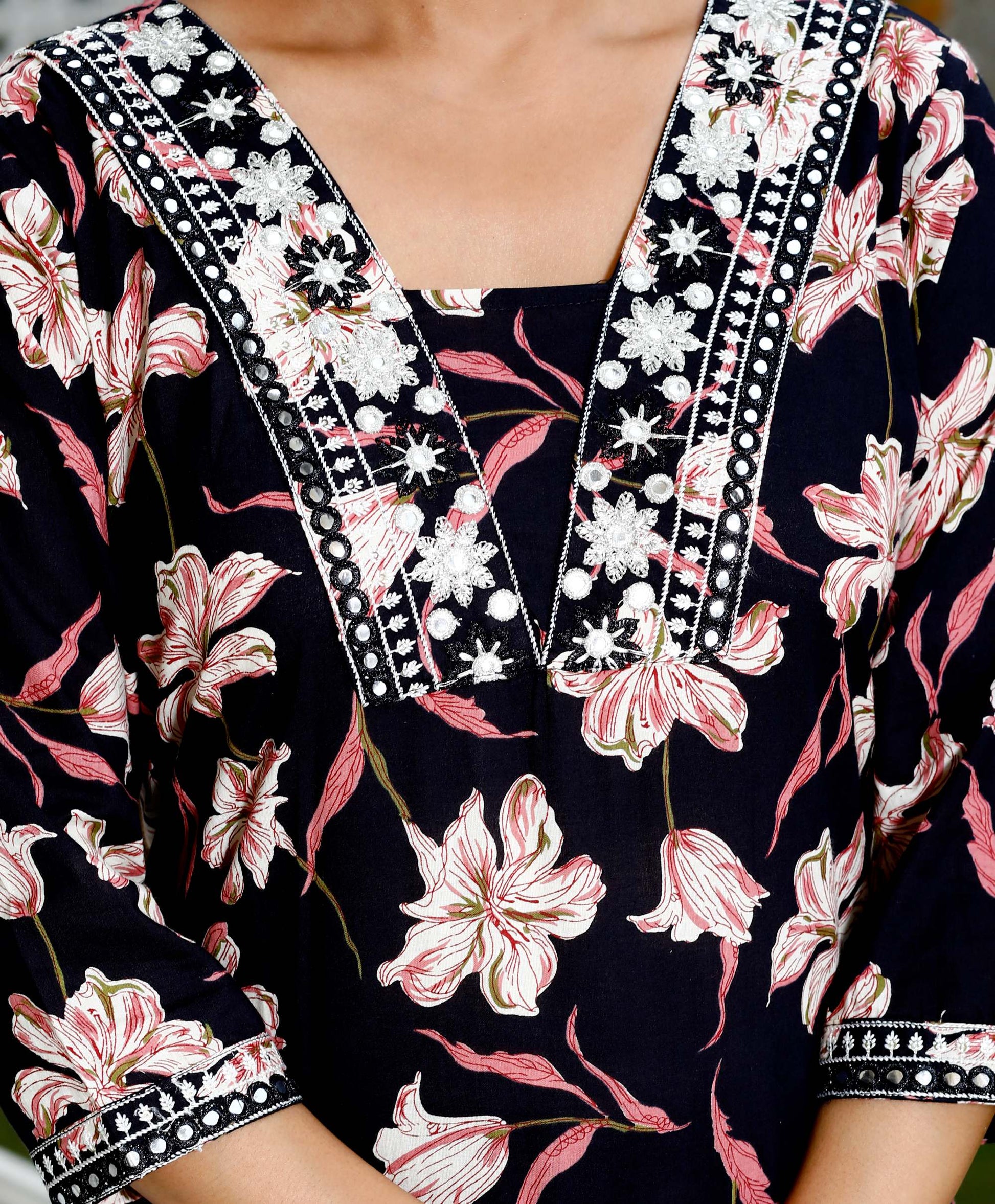 Women Black Cotton Printed & Embroidered Work Straight Kurta Bottom & Dupatta Set