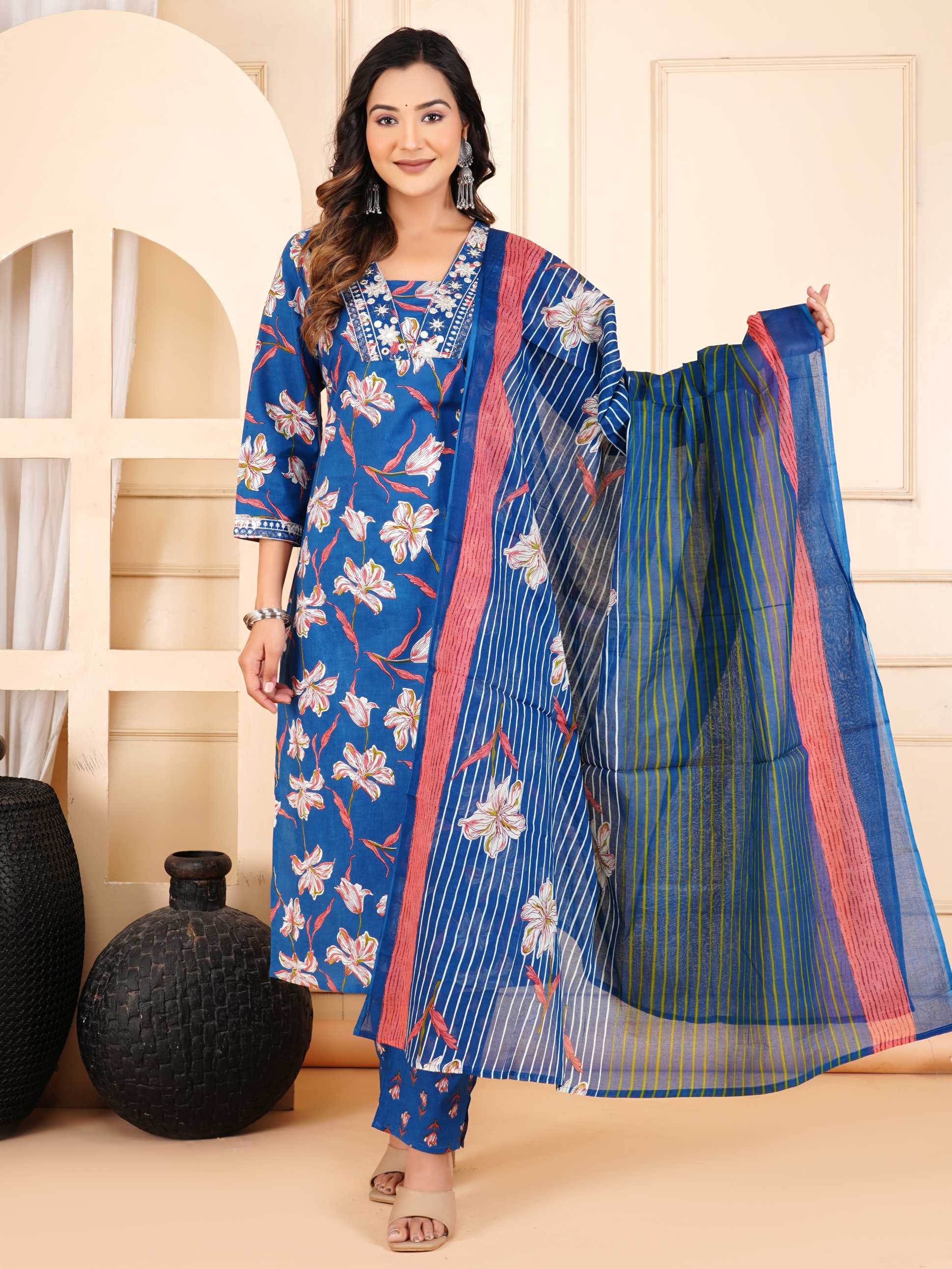 Women Blue Cotton Printed & Embroidered Work Straight Kurta Bottom & Dupatta Set