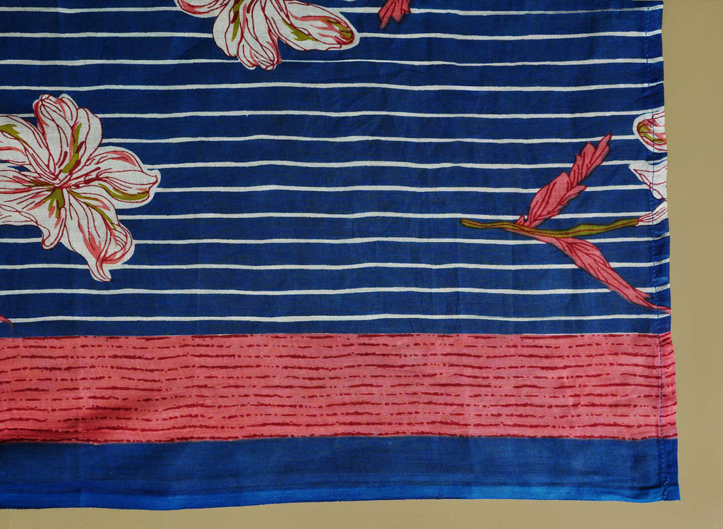 Women Blue Cotton Printed & Embroidered Work Straight Kurta Bottom & Dupatta Set