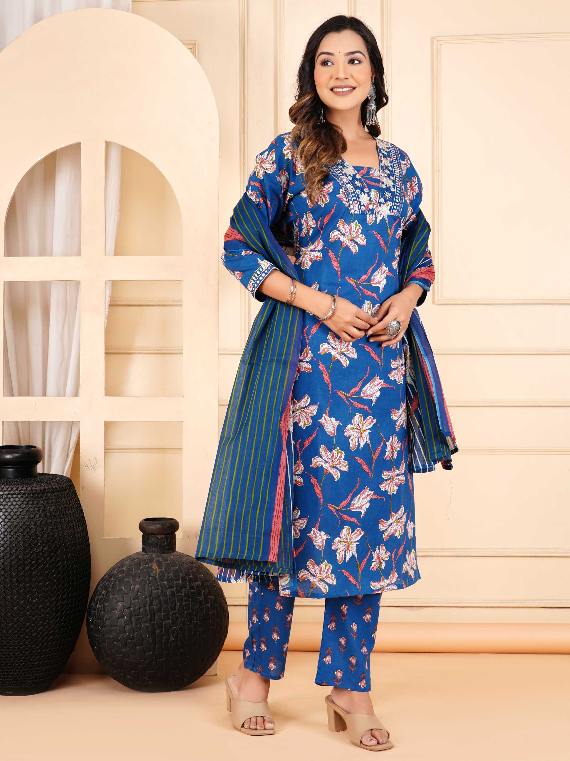 Women Blue Cotton Printed & Embroidered Work Straight Kurta Bottom & Dupatta Set