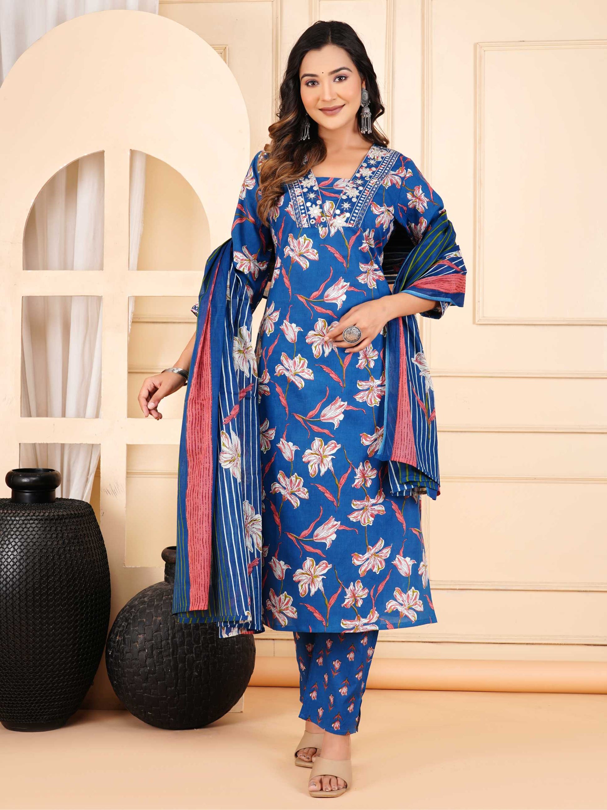 Women Blue Cotton Printed & Embroidered Work Straight Kurta Bottom & Dupatta Set