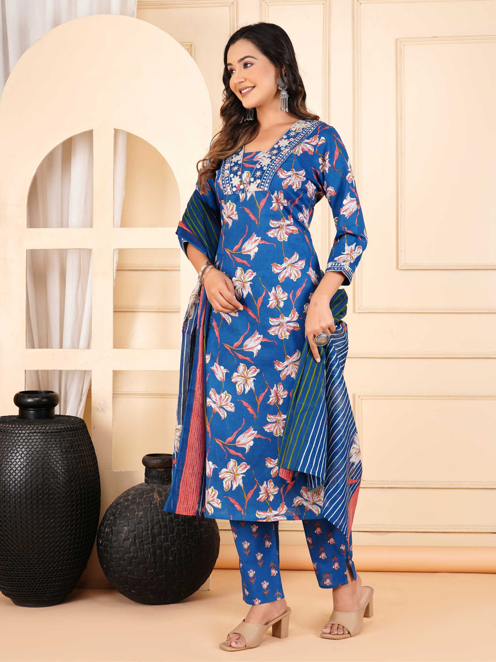 Women Blue Cotton Printed & Embroidered Work Straight Kurta Bottom & Dupatta Set