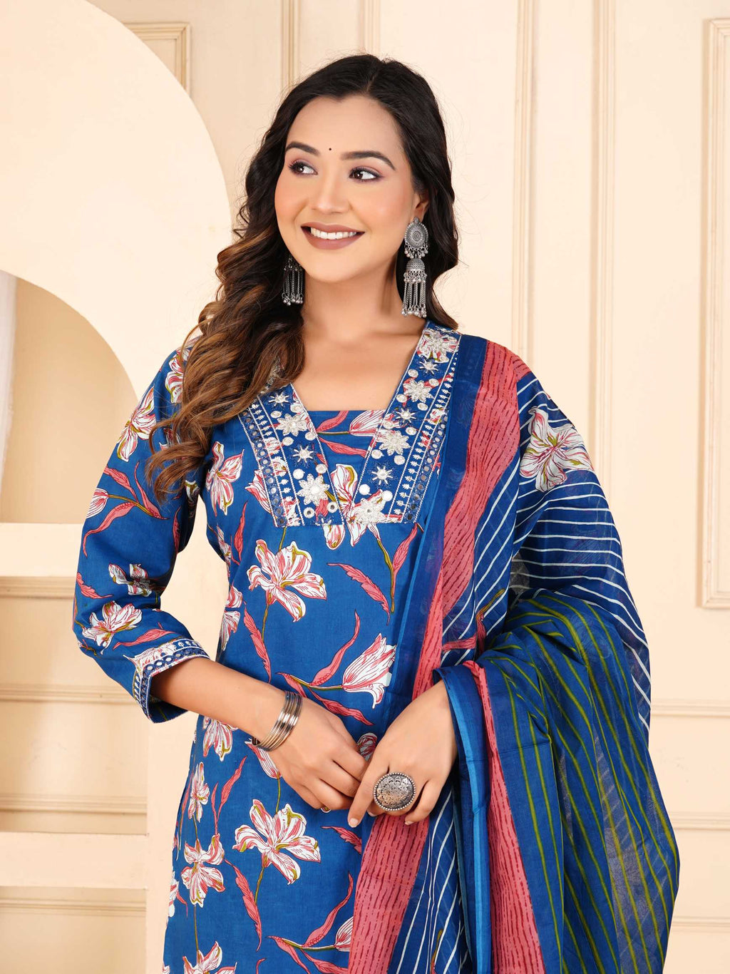 Women Blue Cotton Printed & Embroidered Work Straight Kurta Bottom & Dupatta Set
