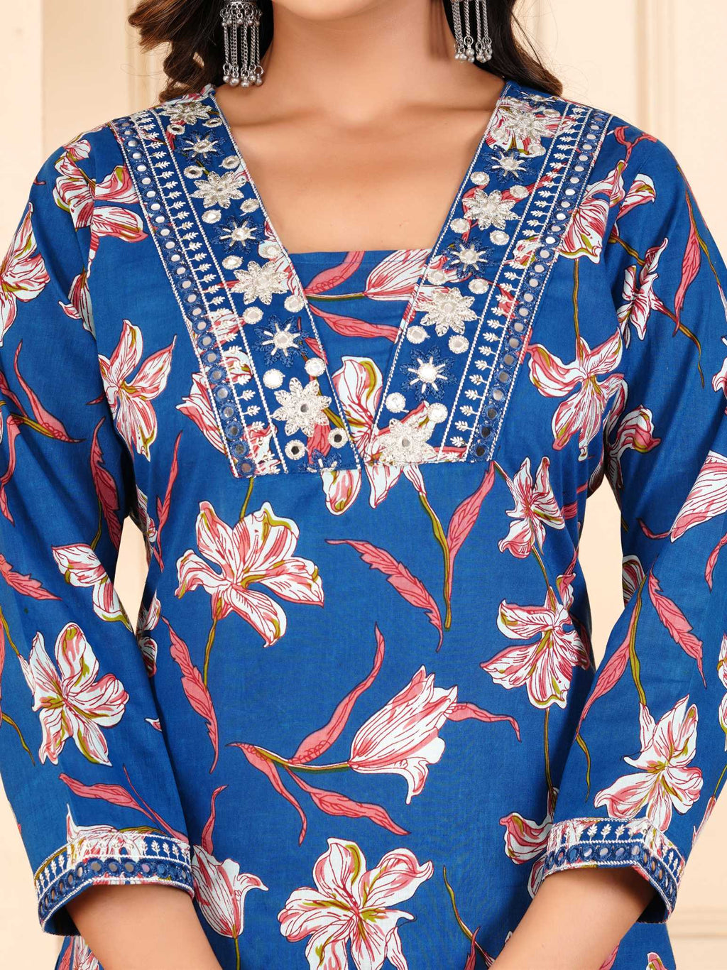 Women Blue Cotton Printed & Embroidered Work Straight Kurta Bottom & Dupatta Set