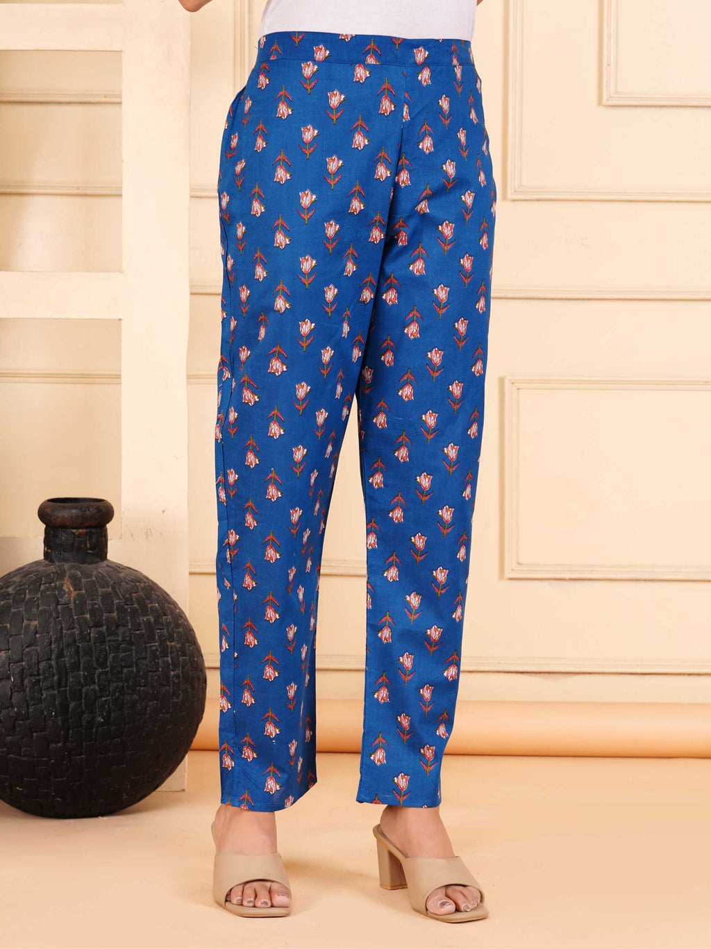 Women Blue Cotton Printed & Embroidered Work Straight Kurta Bottom & Dupatta Set