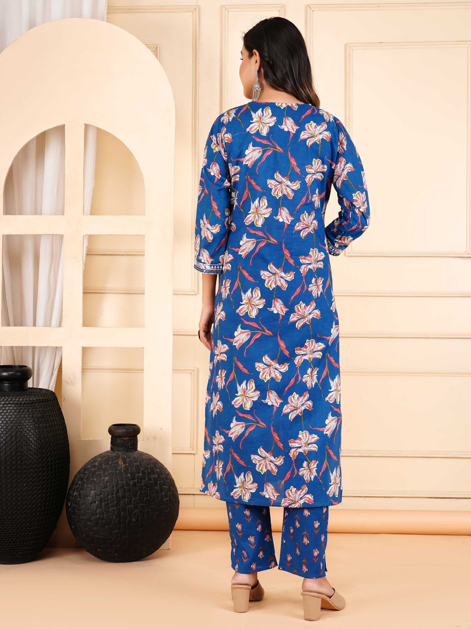 Women Blue Cotton Printed & Embroidered Work Straight Kurta Bottom & Dupatta Set