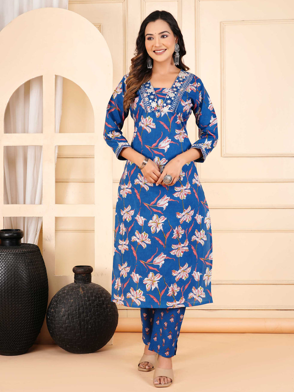 Women Blue Cotton Printed & Embroidered Work Straight Kurta Bottom & Dupatta Set