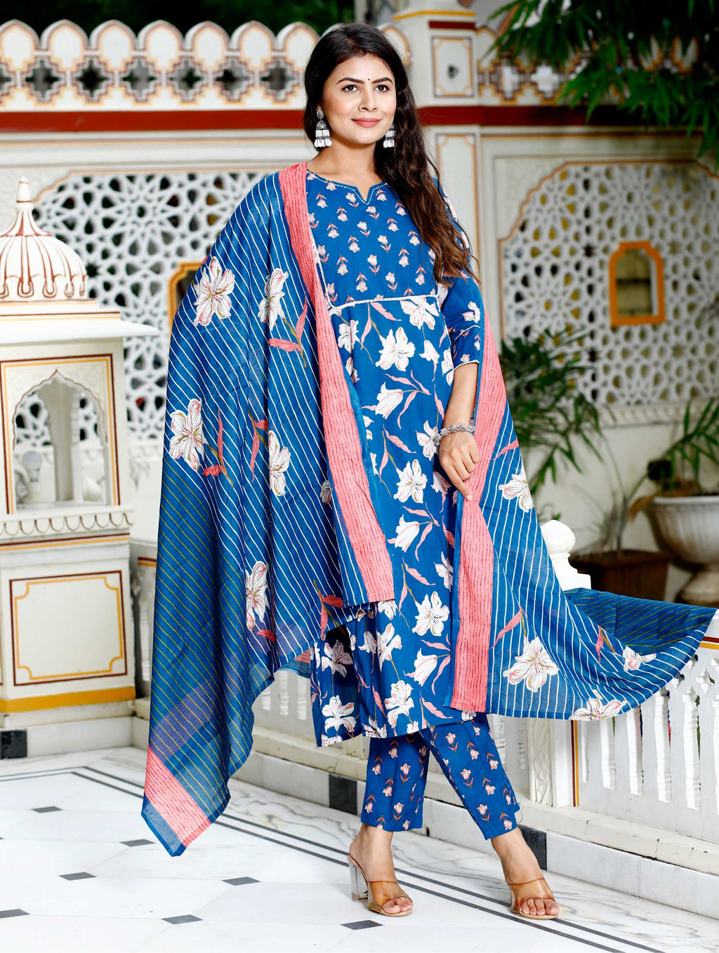 Women Blue Cotton Printed and Hand Work Straight Kurta Bottom & Dupatta Set