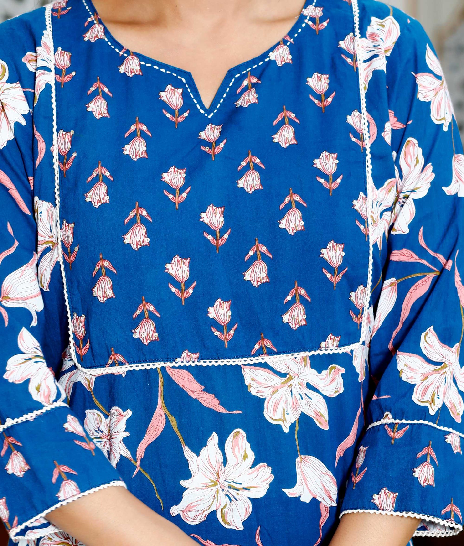 Women Blue Cotton Printed and Hand Work Straight Kurta Bottom & Dupatta Set