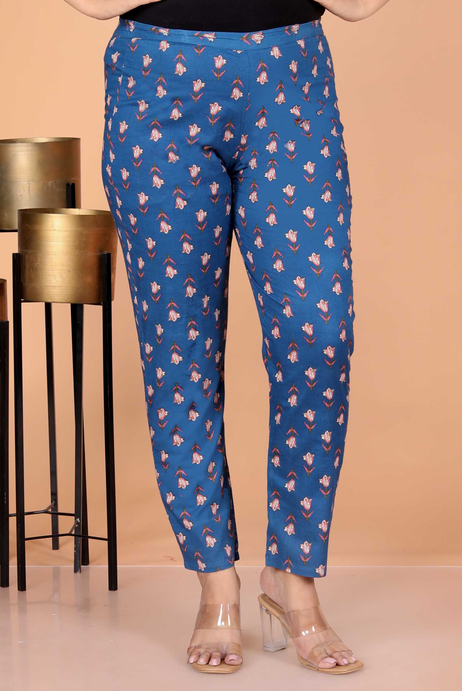 Women Blue Cotton Printed and Hand Work Straight Kurta Bottom & Dupatta Set