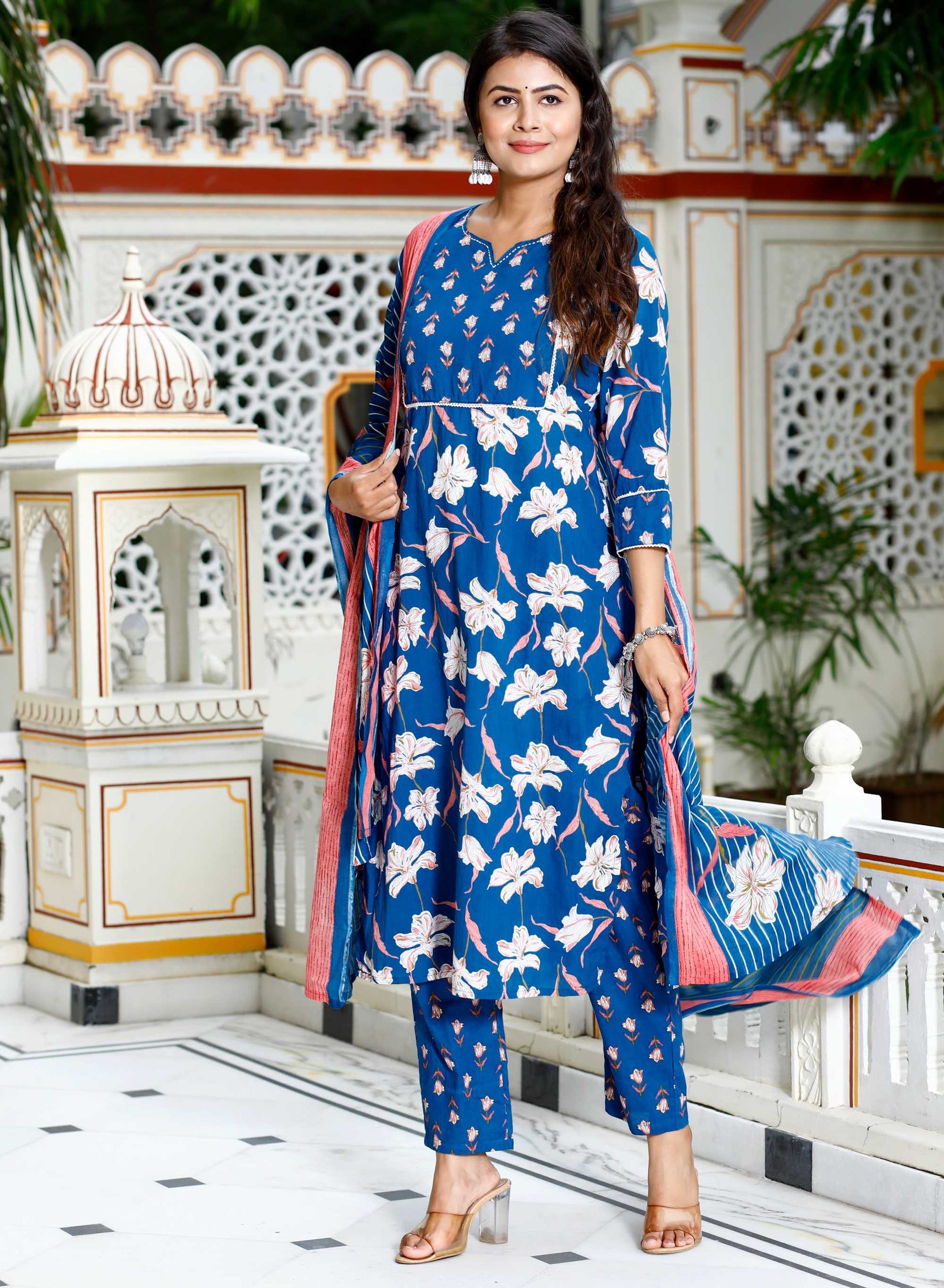 Women Blue Cotton Printed and Hand Work Straight Kurta Bottom & Dupatta Set