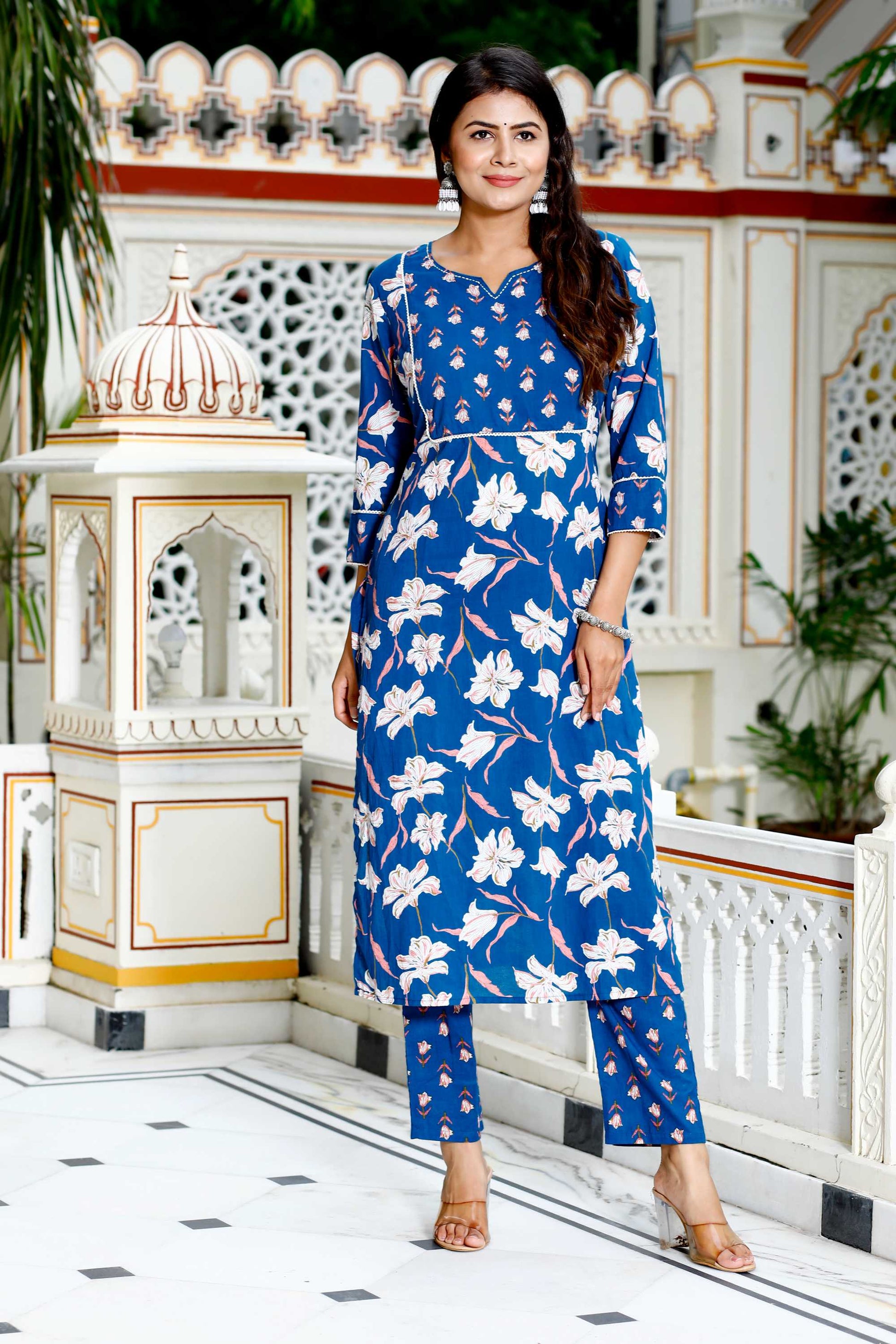 Women Blue Cotton Printed and Hand Work Straight Kurta Bottom & Dupatta Set