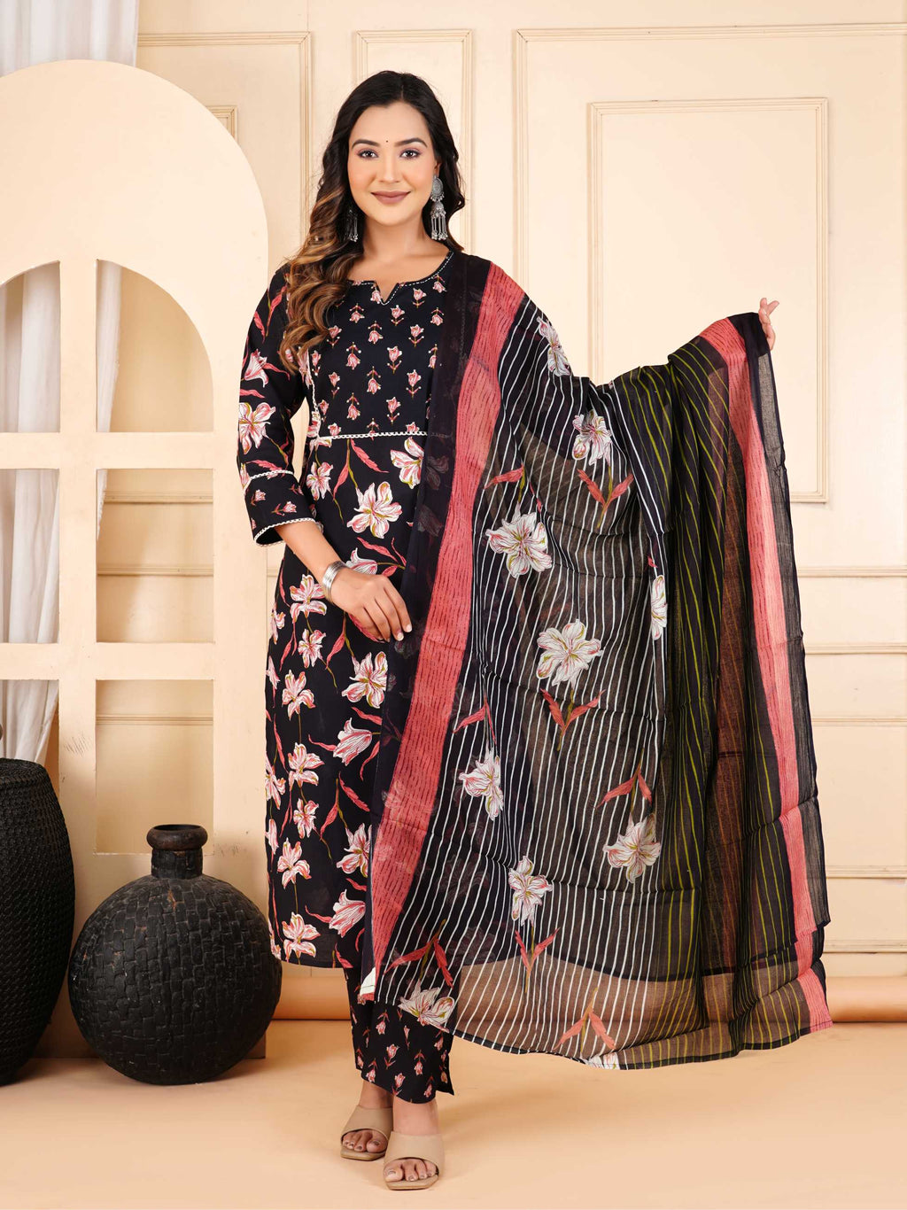 Women Black Cotton Printed & Hand Work Straight Kurta Bottom & Dupatta Set