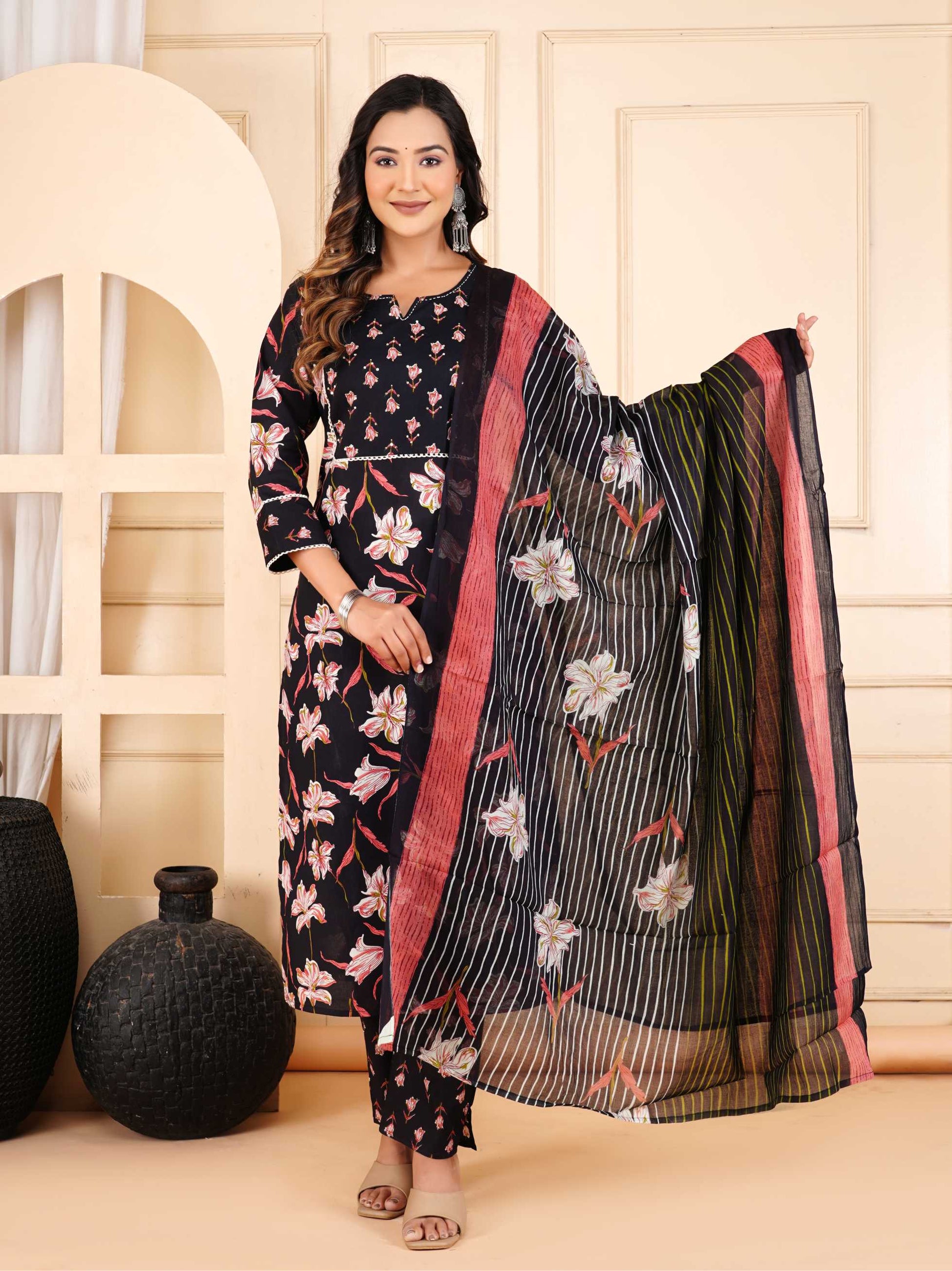 Women Black Cotton Printed & Hand Work Straight Kurta Bottom & Dupatta Set