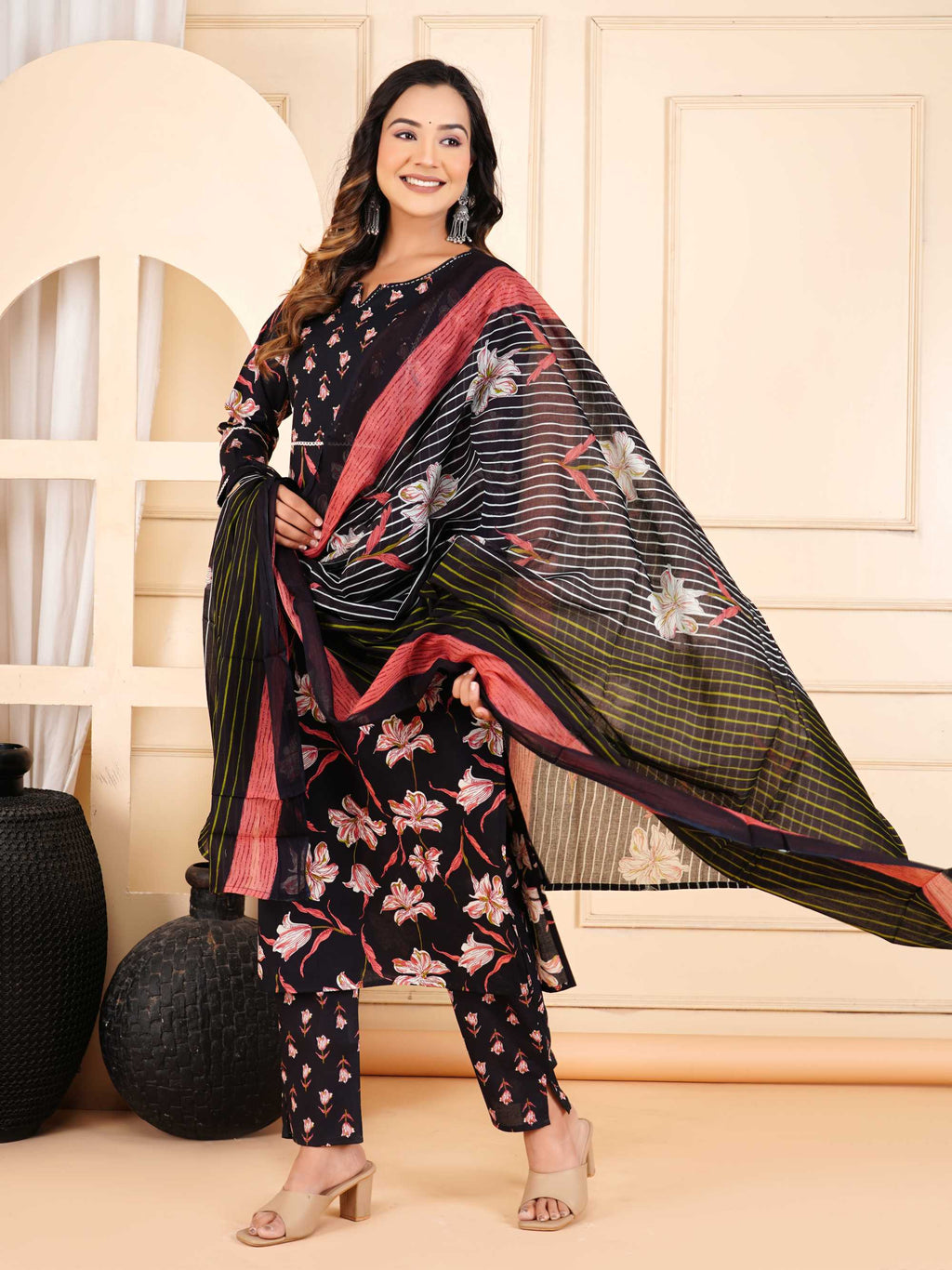 Women Black Cotton Printed & Hand Work Straight Kurta Bottom & Dupatta Set