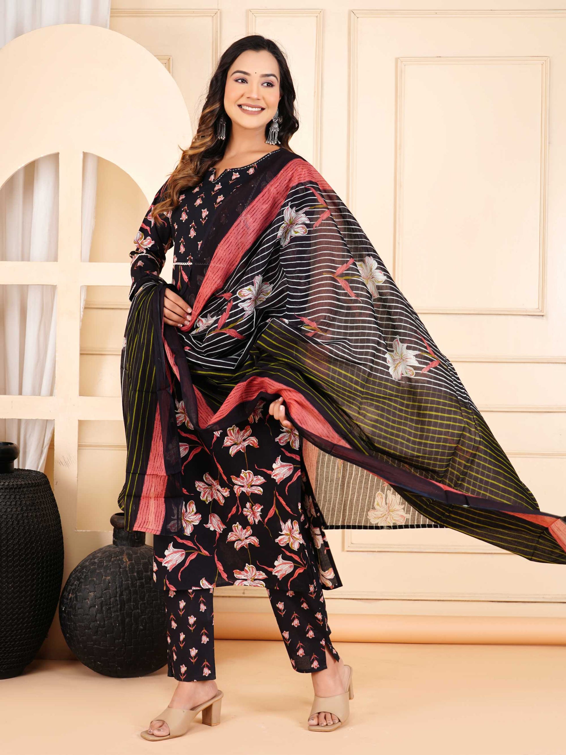 Women Black Cotton Printed & Hand Work Straight Kurta Bottom & Dupatta Set