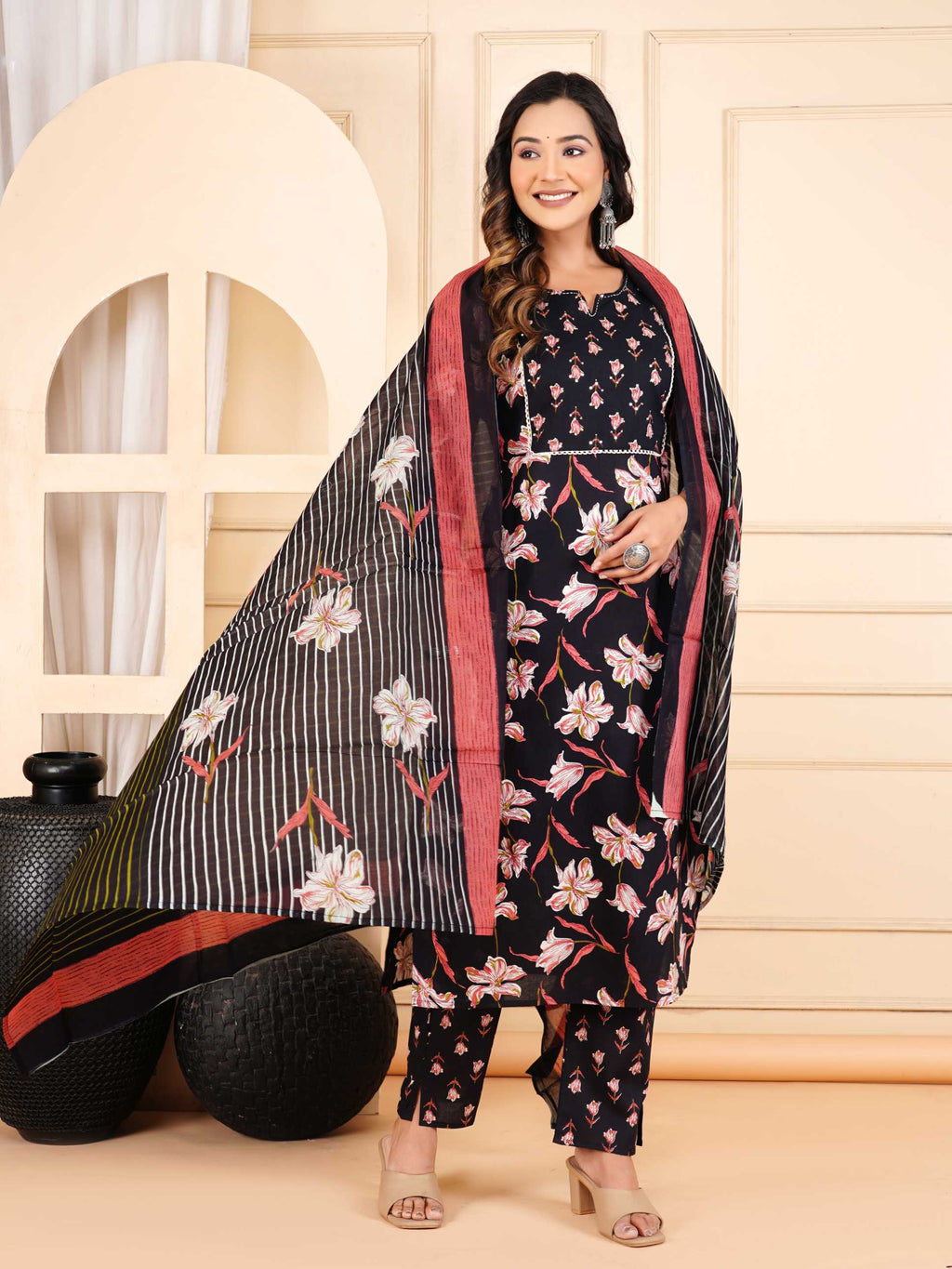 Women Black Cotton Printed & Hand Work Straight Kurta Bottom & Dupatta Set