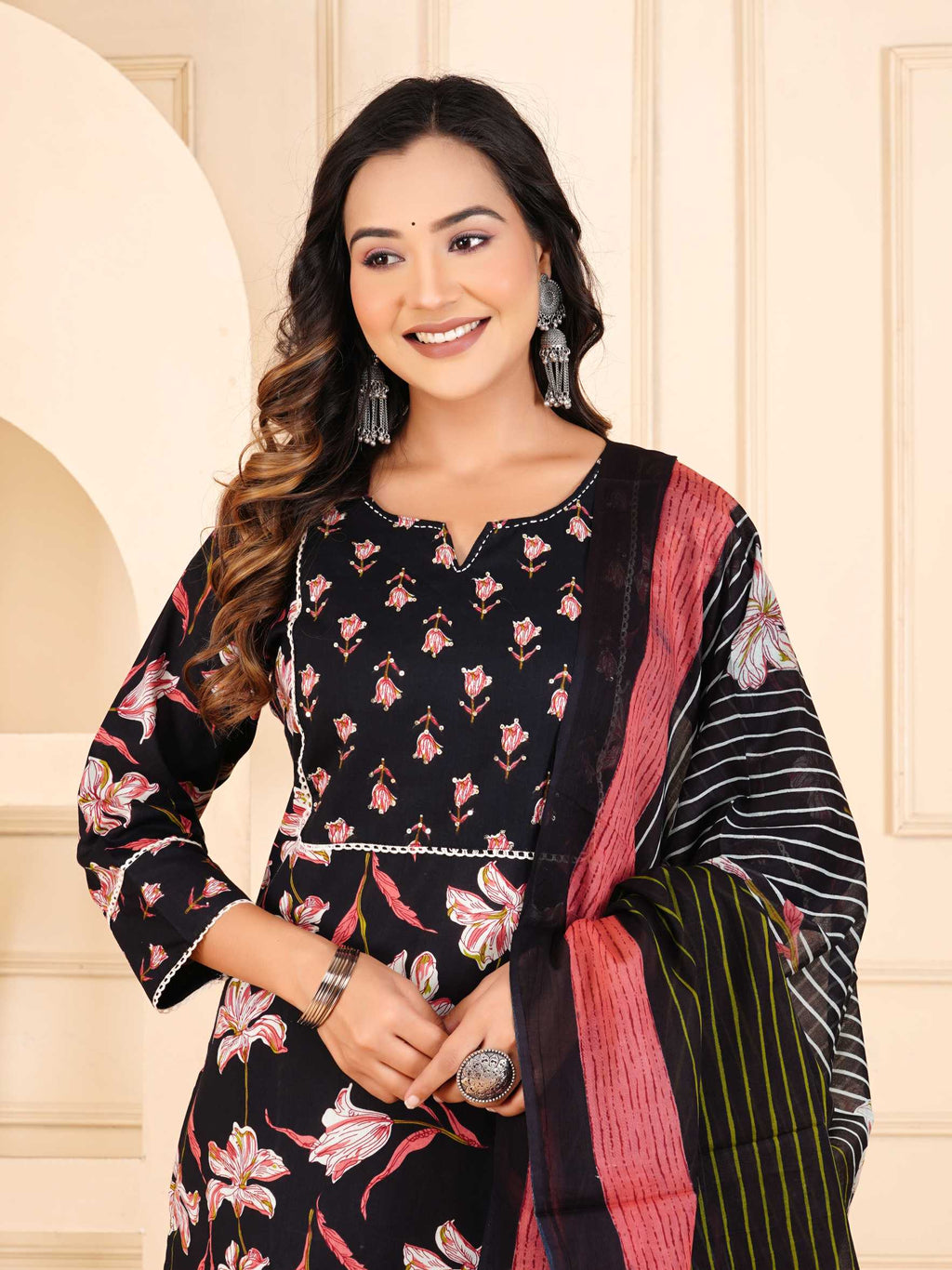 Women Black Cotton Printed & Hand Work Straight Kurta Bottom & Dupatta Set