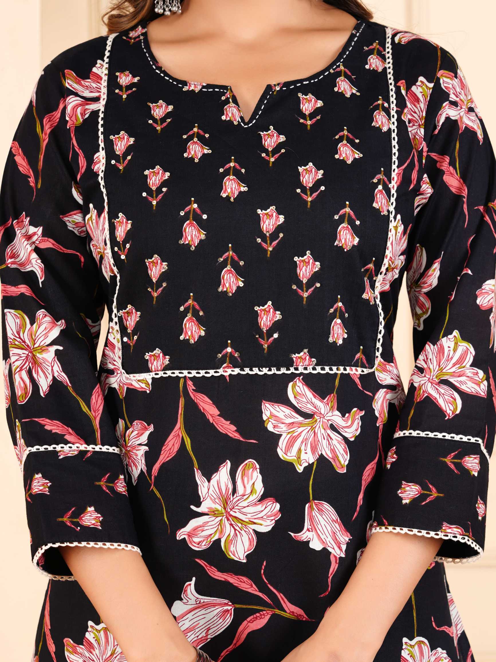 Women Black Cotton Printed & Hand Work Straight Kurta Bottom & Dupatta Set