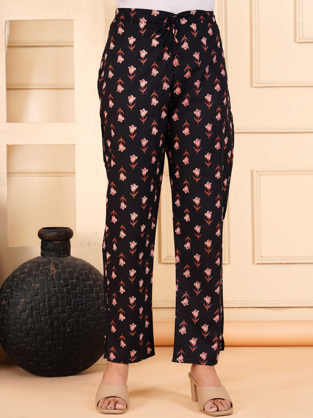 Women Black Cotton Printed & Hand Work Straight Kurta Bottom & Dupatta Set