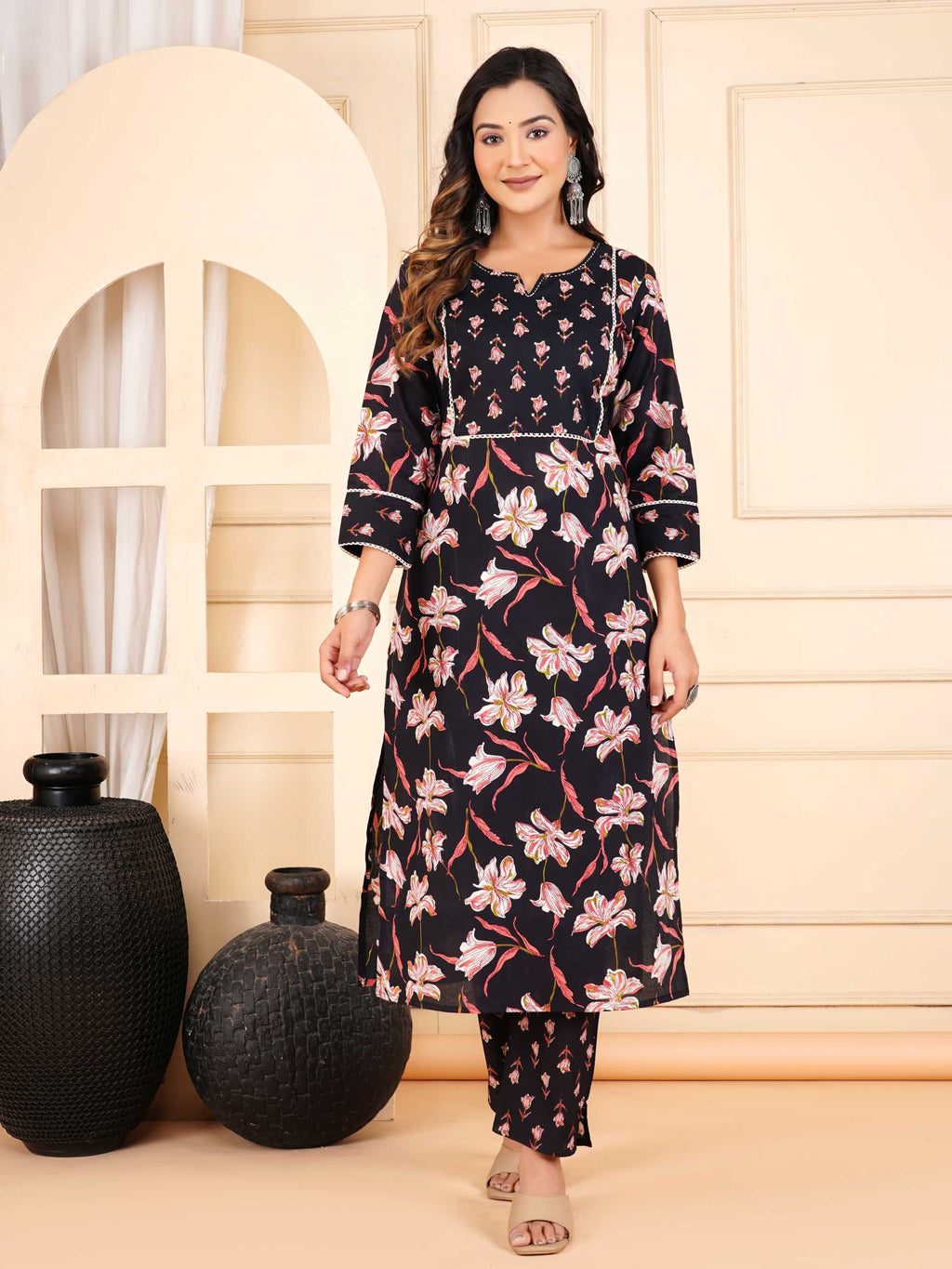 Women Black Cotton Printed & Hand Work Straight Kurta Bottom & Dupatta Set