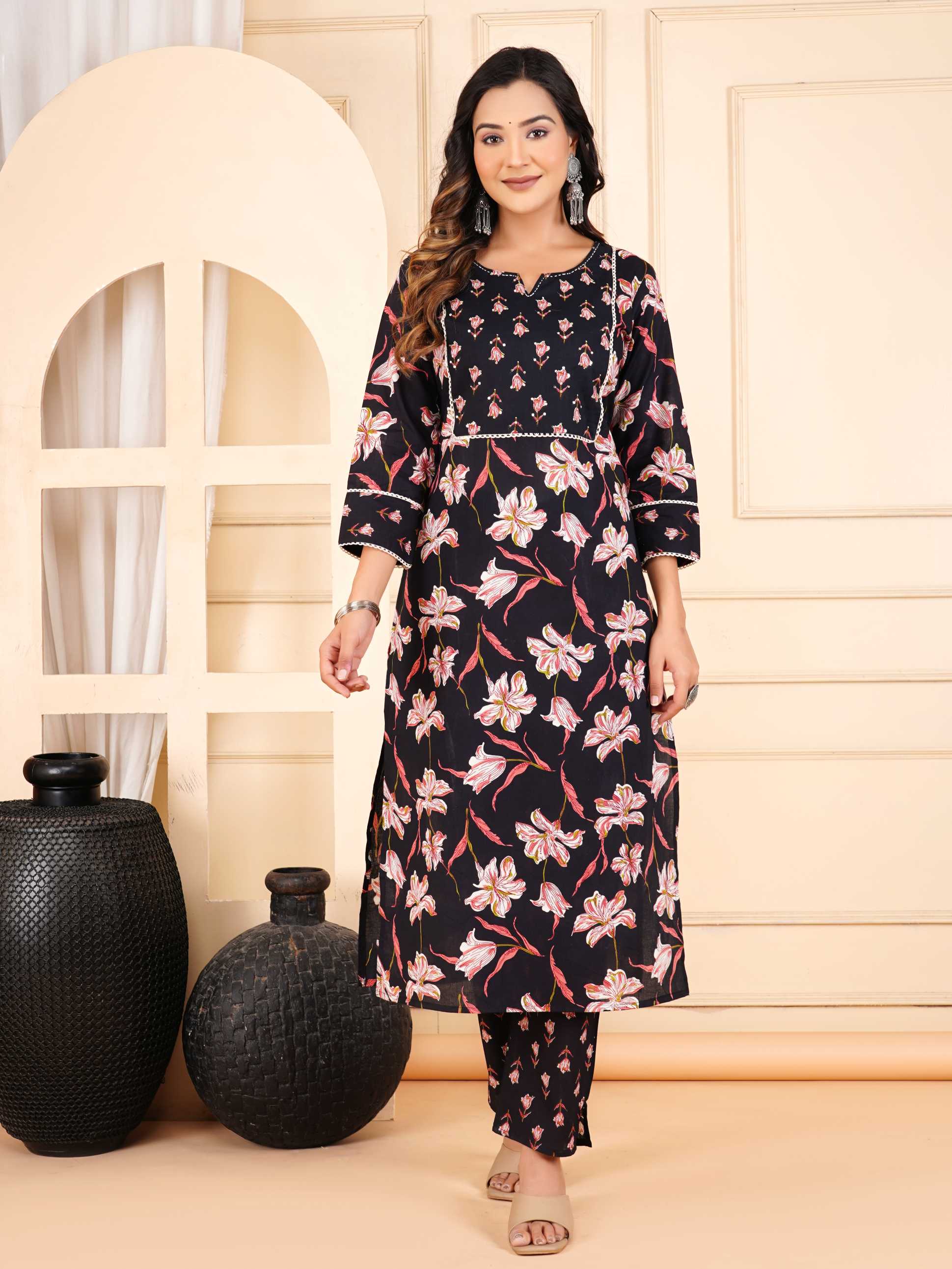Women Black Cotton Printed & Hand Work Straight Kurta Bottom & Dupatta Set