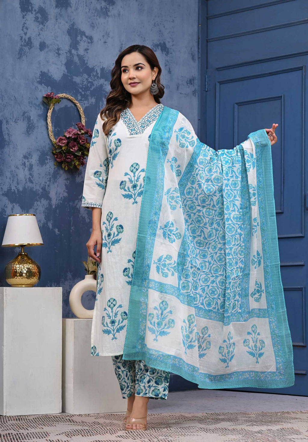 Women Blue Cotton Printed & Hand Work Straight Kurta Bottom & Dupatta Set