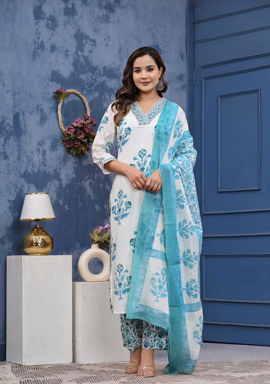 Women Blue Cotton Printed & Hand Work Straight Kurta Bottom & Dupatta Set