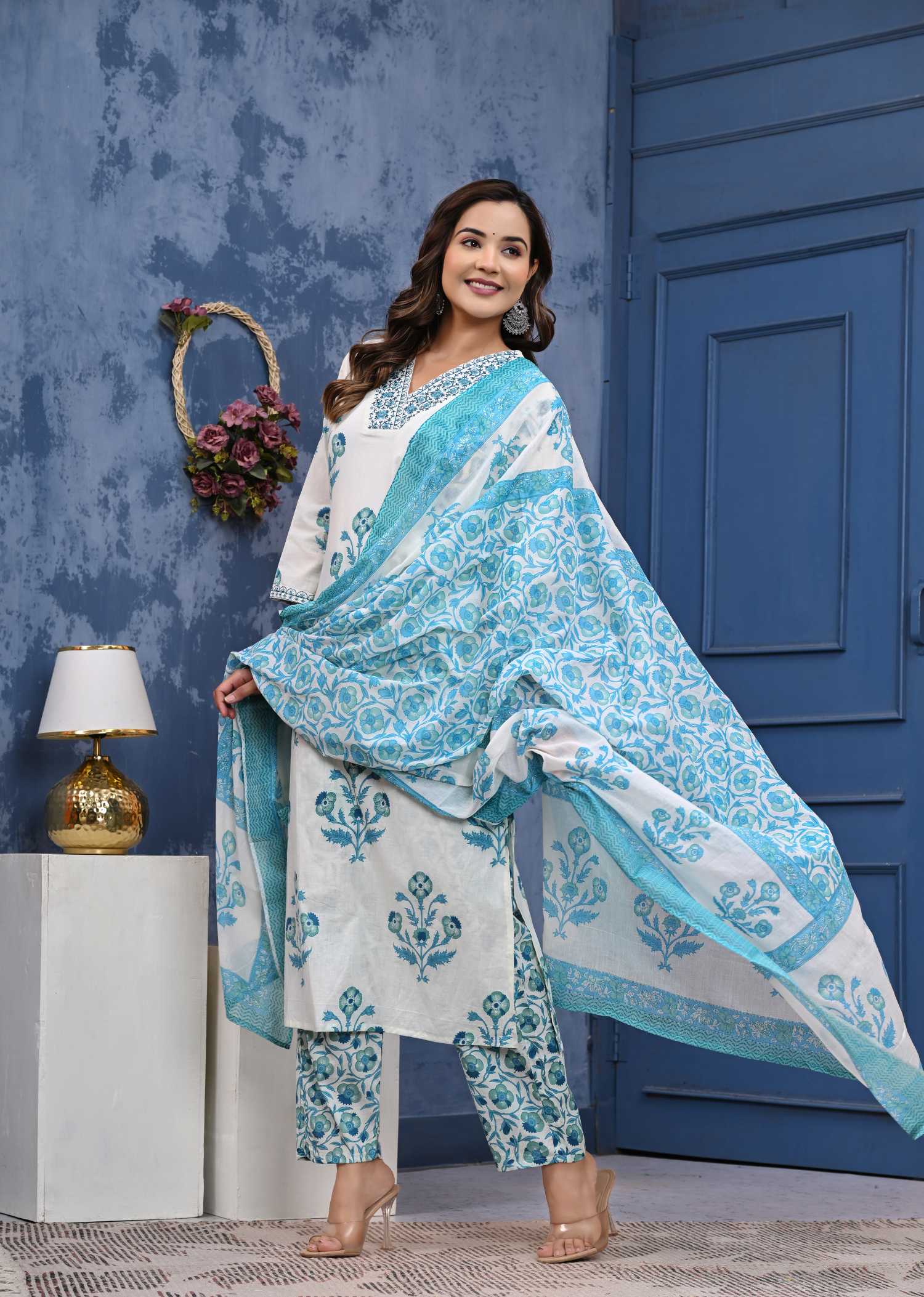 Women Blue Cotton Printed & Hand Work Straight Kurta Bottom & Dupatta Set