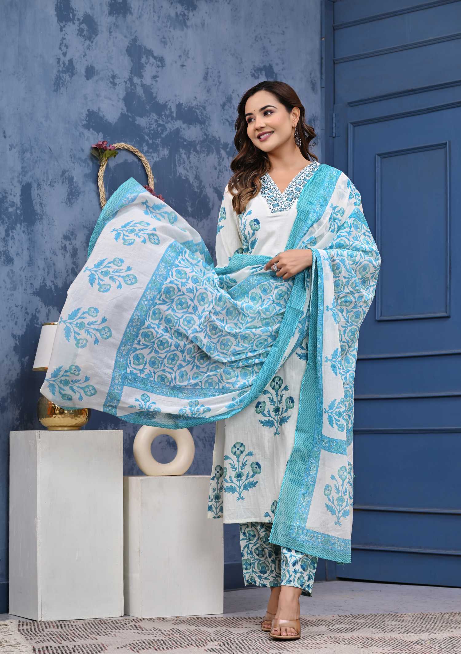 Women Blue Cotton Printed & Hand Work Straight Kurta Bottom & Dupatta Set