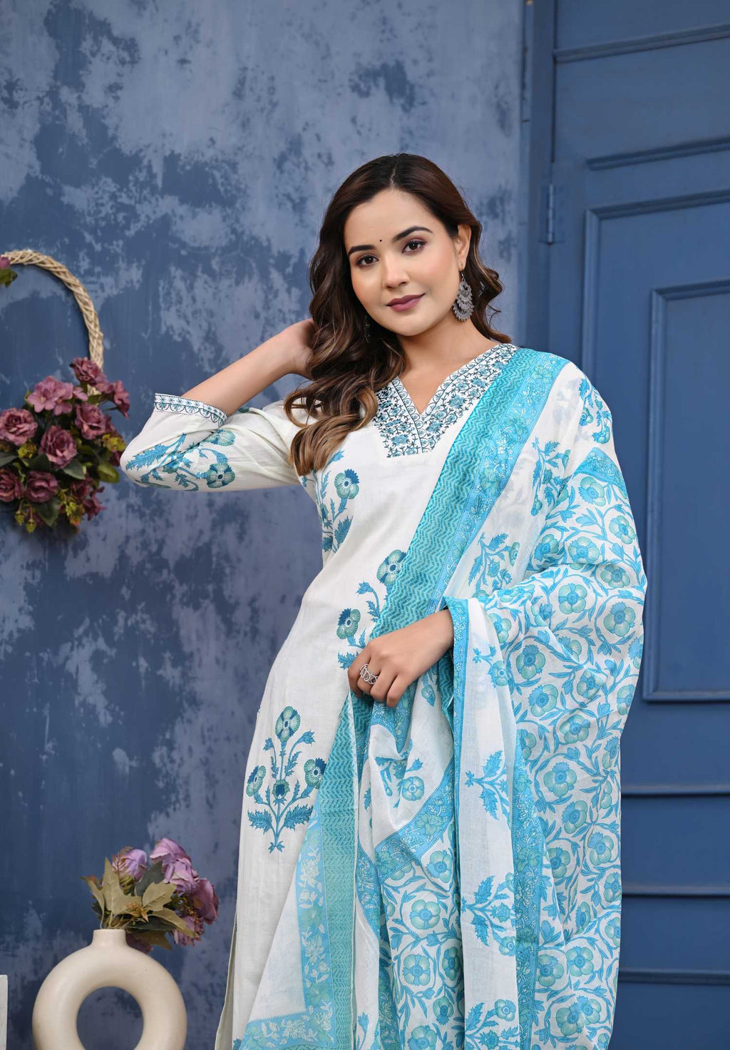 Women Blue Cotton Printed & Hand Work Straight Kurta Bottom & Dupatta Set