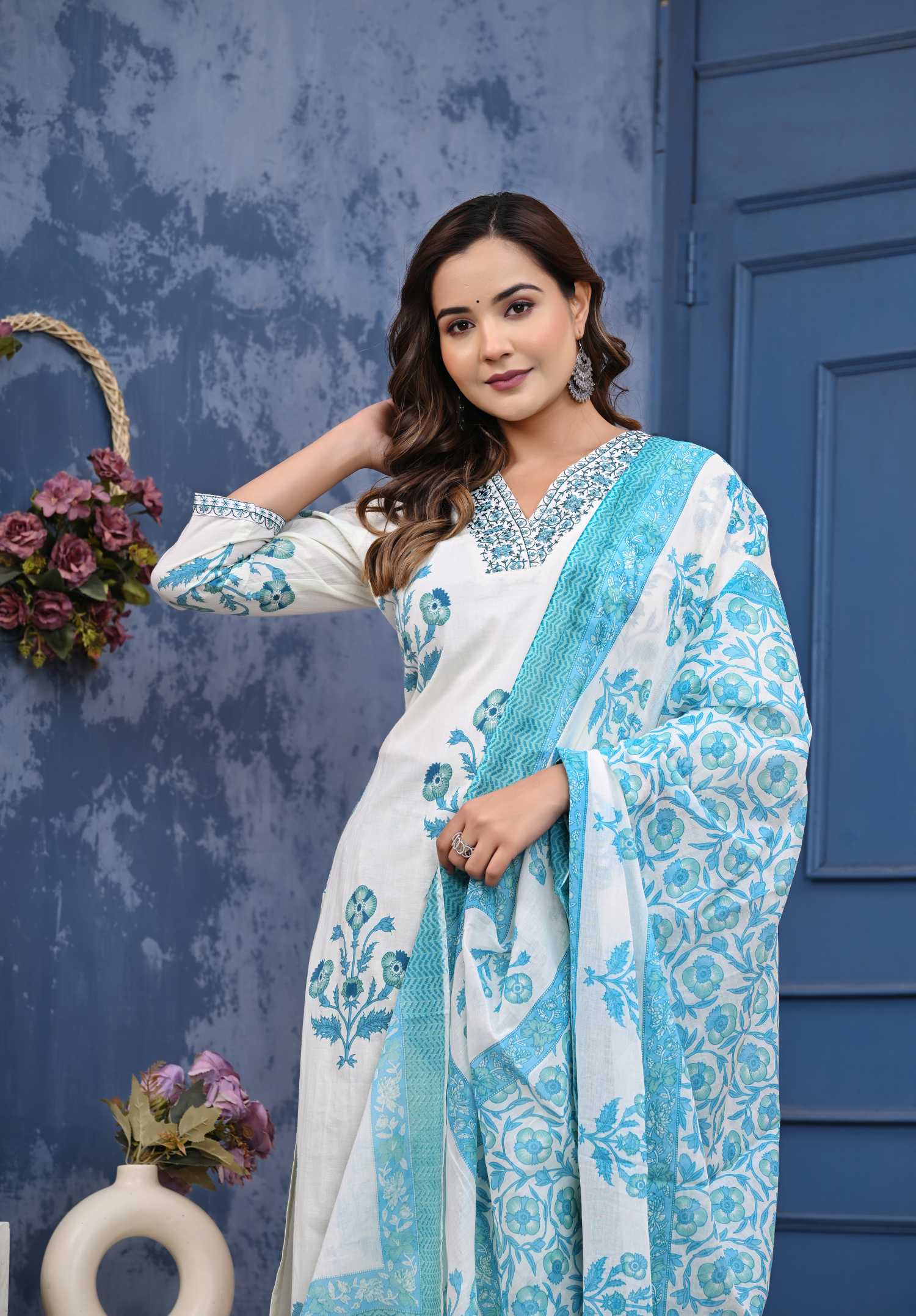 Women Blue Cotton Printed & Hand Work Straight Kurta Bottom & Dupatta Set