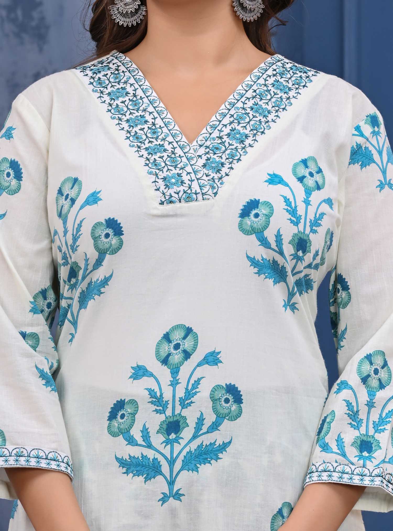 Women Blue Cotton Printed & Hand Work Straight Kurta Bottom & Dupatta Set
