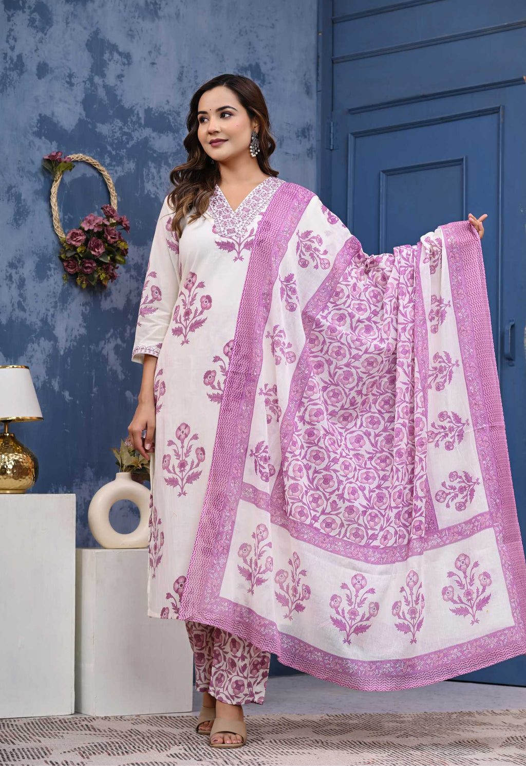 Women  Purple Cotton Printed & Hand Work Straight Kurta Bottom & Dupatta Set