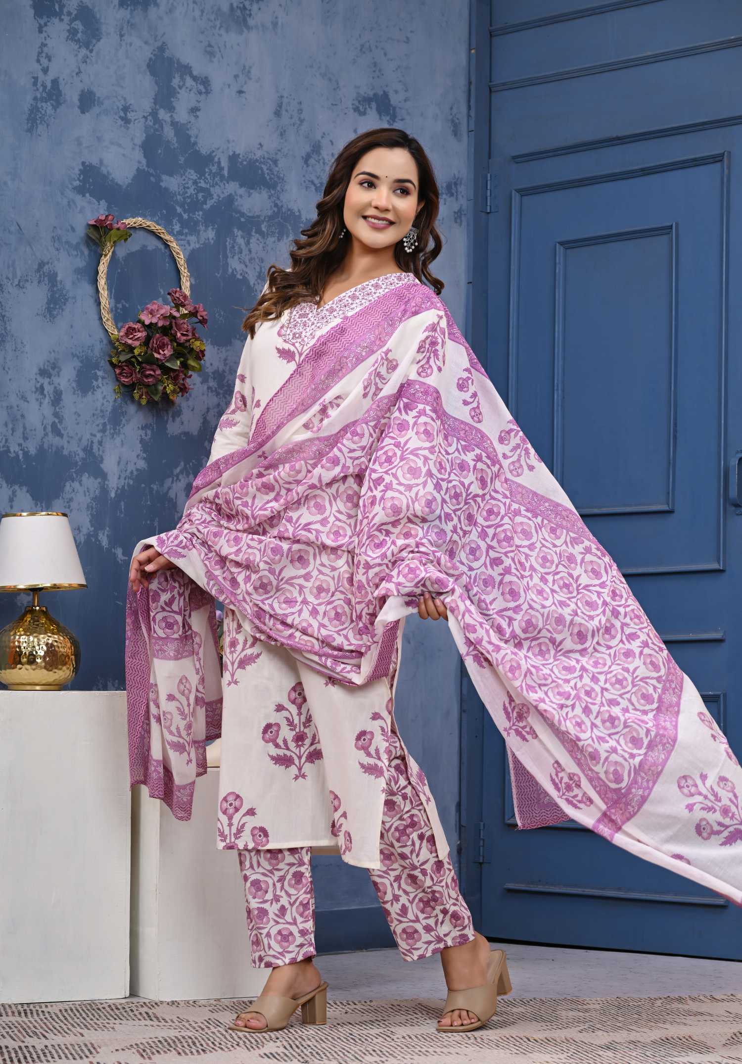 Women  Purple Cotton Printed & Hand Work Straight Kurta Bottom & Dupatta Set