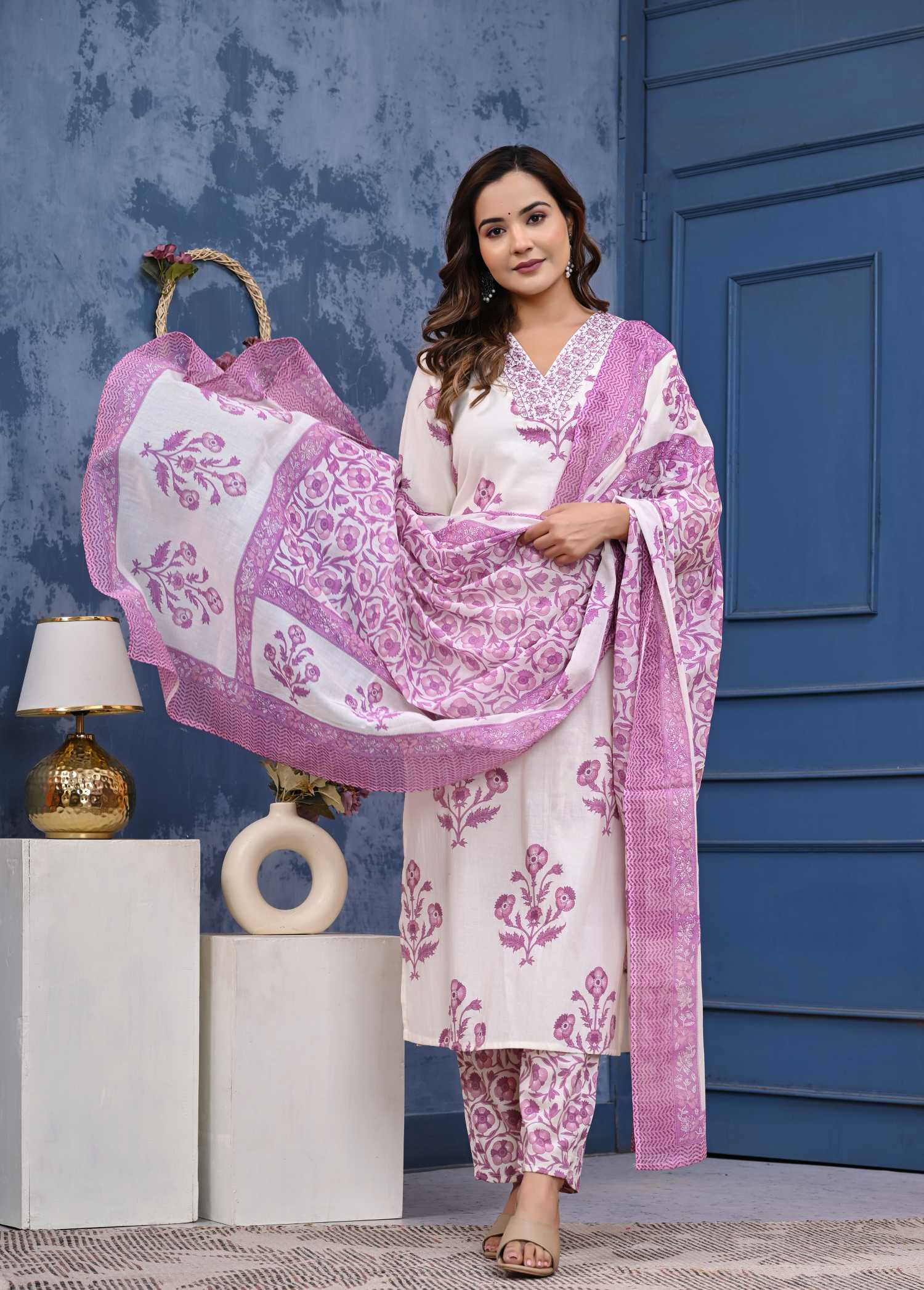 Women  Purple Cotton Printed & Hand Work Straight Kurta Bottom & Dupatta Set