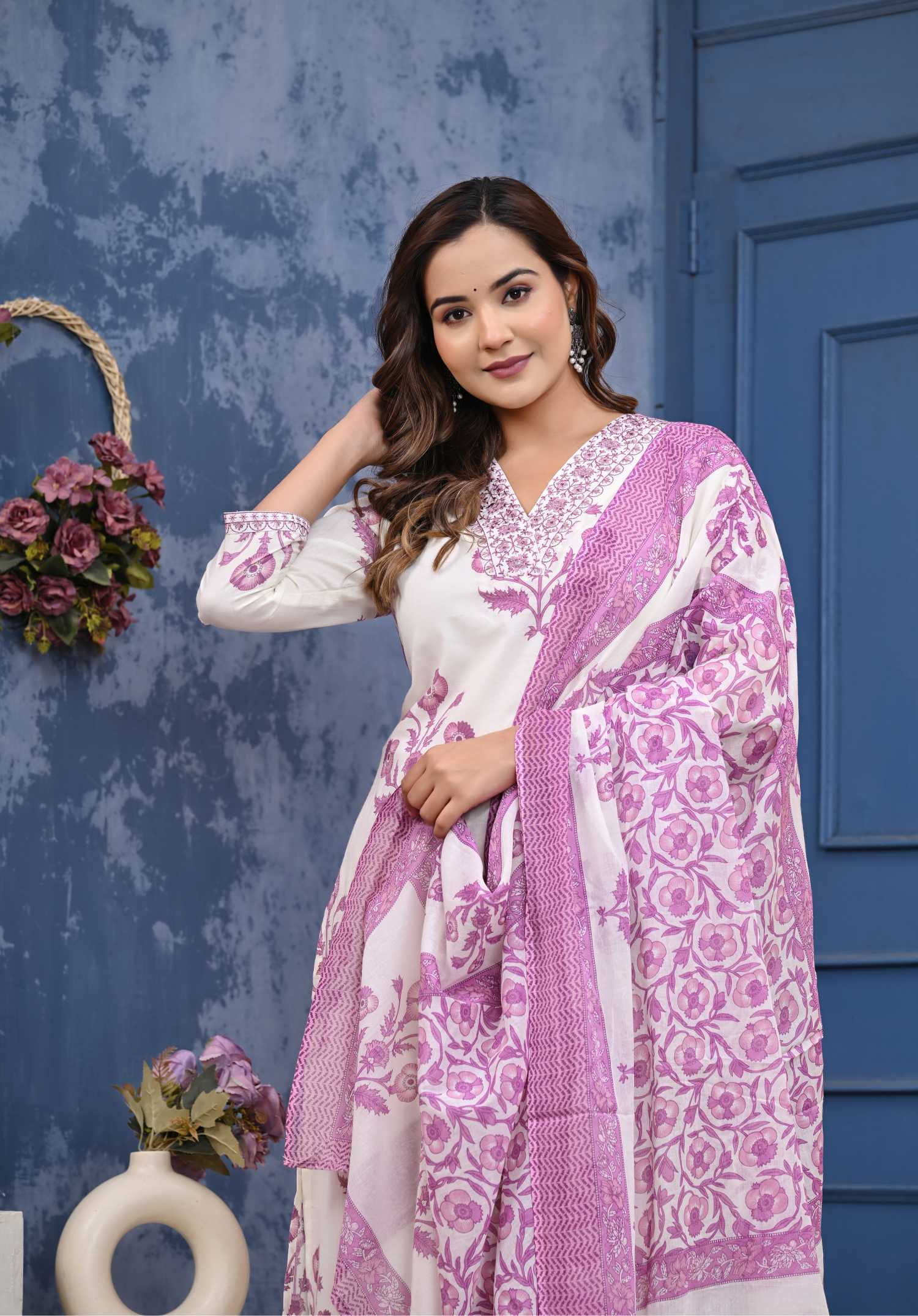 Women  Purple Cotton Printed & Hand Work Straight Kurta Bottom & Dupatta Set